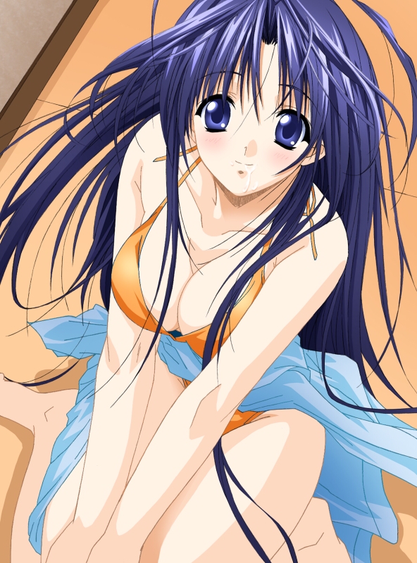 suzuhira hiro, android type a, tune up!!, 1girl, barefoot, bikini, blue eyes, blue hair, breasts, cleavage, clothes around waist, collarbone, cum, cum on body, facial, large breasts, long hair, looking at viewer, orange bikini, shirt, shirt around waist, sitting, smile, swimsuit
