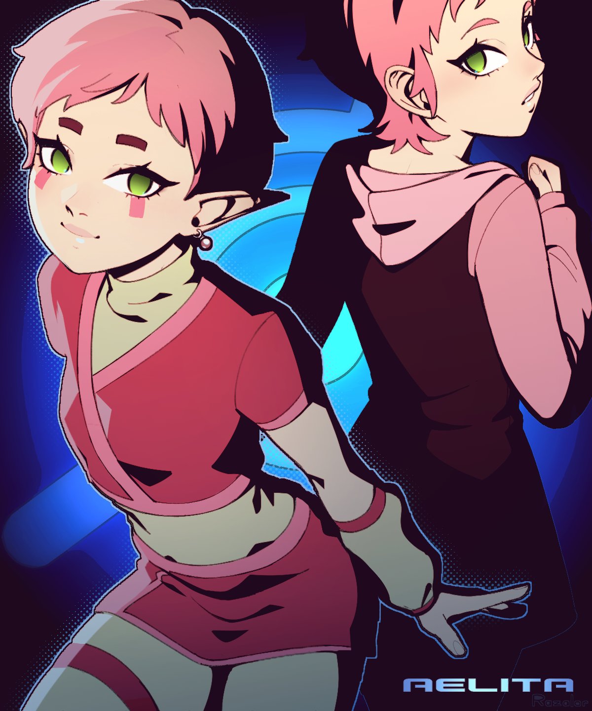 razalor, aelita, code lyoko, commentary, highres, 2girls, earrings, facial mark, green eyes, hood, hood down, jewelry, long pointy ears, long sleeves, multiple girls, pink hair, pointy ears, short hair
