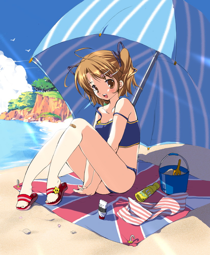 mikeou, gagraphic, tagme, 1girl, ahoge, bandages, beach, bikini, blush, brown eyes, brown hair, fang, female focus, flower, full body, hair ornament, hairpin, happy, outdoors, ribbon, sandals, short hair, sky, solo, swimsuit, towel, twintails, umbrella