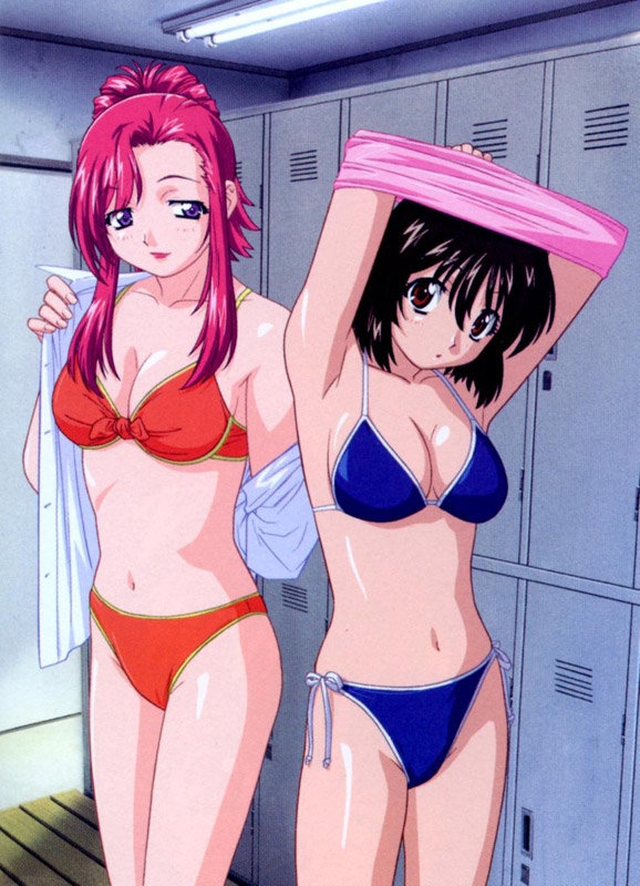 gouda hiroaki, herikawa koishi, kazami mizuho, onegai teacher, 2girls, bikini, black hair, blue bikini, blush, breasts, brown eyes, cleavage, locker, locker room, long hair, looking at viewer, medium breasts, multiple girls, navel, open mouth, ponytail, purple eyes, red bikini, red hair, removing shirt, shirt, short hair, side-tie bikini bottom, smile, swimsuit, undressing, white shirt
