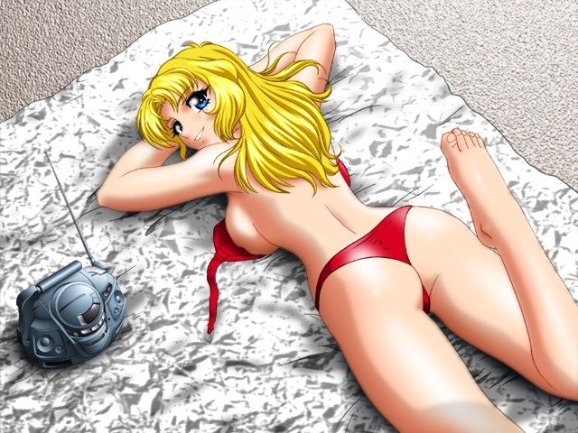 iizuka masanori, nekketsu! ~saikyou bukatsu sengen~, character request, game cg, 1girl, ass, barefoot, beach, beach towel, bikini, blonde hair, blue eyes, blush, breasts, from above, grin, large breasts, long hair, looking back, lying, on stomach, radio, red bikini, sand, smile, sunbathing, swimsuit, teeth, topless female, towel, unworn bikini top
