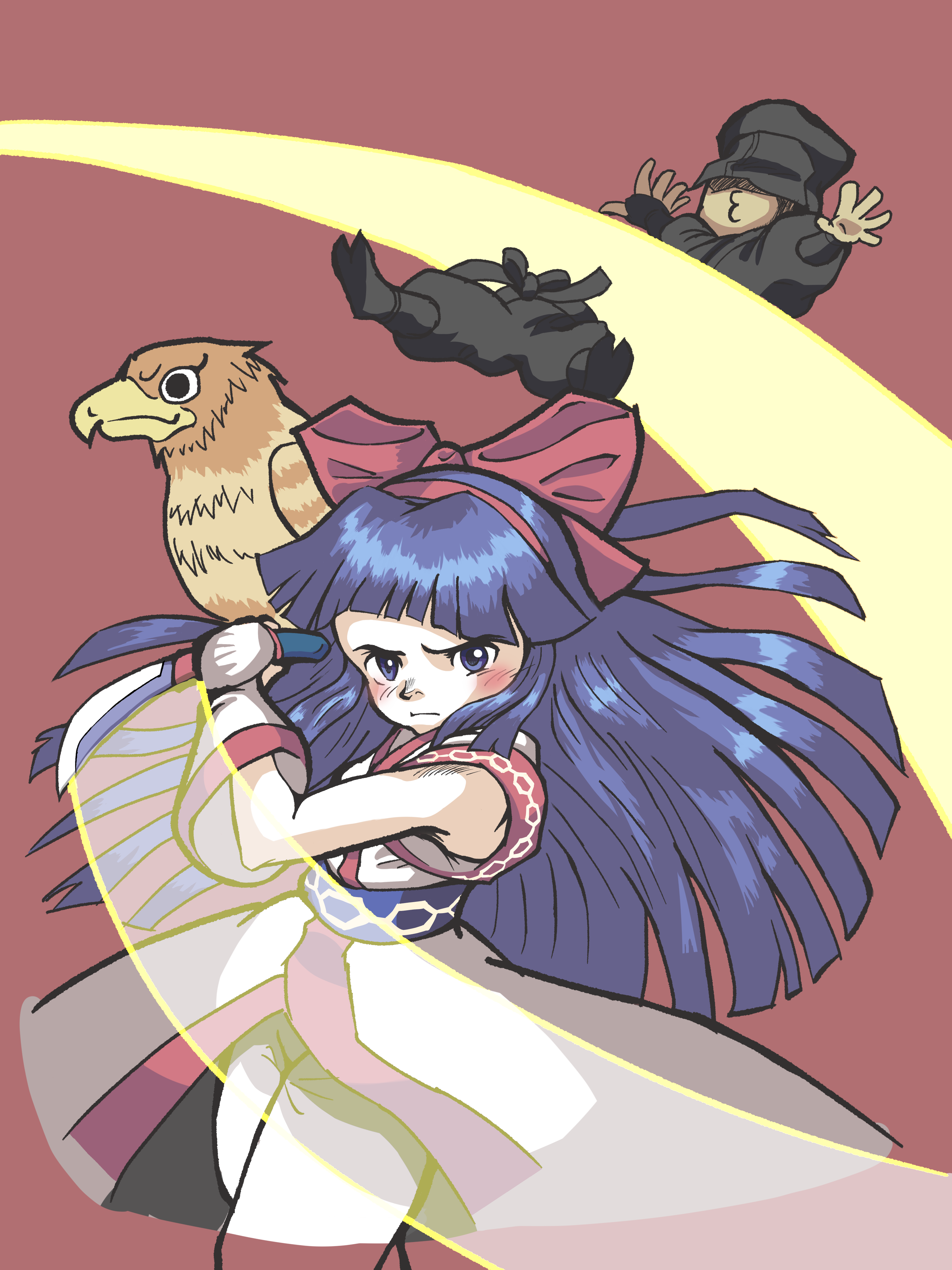 mamahaha, nakoruru, samurai spirits, snk, highres, 1boy, 1girl, ainu clothes, blush, breasts, fingerless gloves, gloves, hair ribbon, japanese clothes, legs, long hair, looking at viewer, pants, purple eyes, purple hair, ribbon, serious, slashing, small breasts, solo, thighs, very long hair, weapon