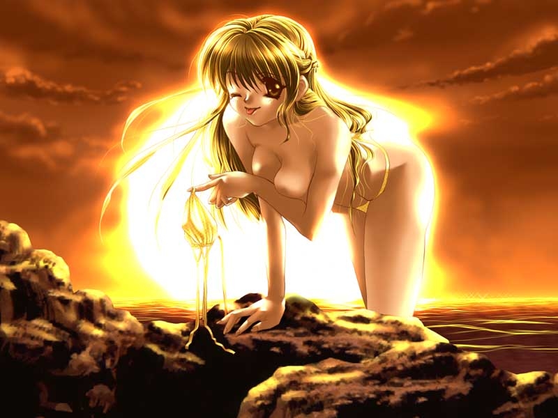 artist request, character request, copyright request, 1girl, all fours, bikini, breasts, brown eyes, brown hair, cloud, covering breasts, covering privates, holding, holding bikini, holding bikini top, holding unworn clothes, large breasts, long hair, looking at viewer, nipples, ocean, one eye closed, orange sky, rock, sky, smile, sun, sunset, swimsuit, tongue, tongue out, topless female, unworn bikini top, water, wink, yellow bikini