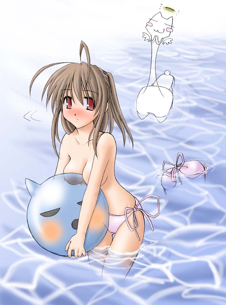 artist request, character request, copyright request, 1girl, :3, animal, ball, bikini, bikini bottom only, blush, breasts, brown eyes, brown hair, cat, cleavage, collarbone, embarrassed, halo, holding, long hair, medium breasts, ocean, partially submerged, pink bikini, ponytail, side-tie bikini bottom, standing, swimsuit, unworn bikini top, wading, water, wings