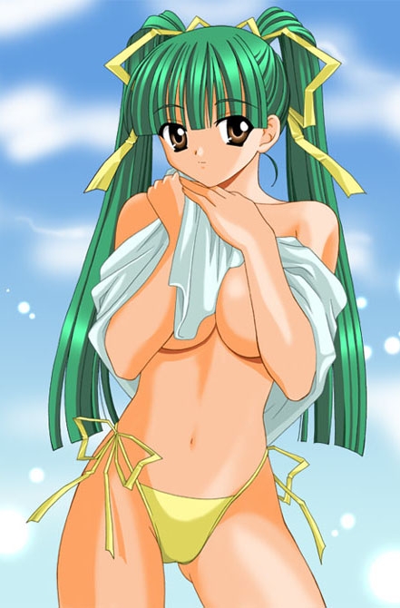 kanekiyo miwa, 1girl, bikini, bikini bottom only, breasts, brown eyes, clothes lift, cloud, collarbone, green hair, hair ribbon, large breasts, long hair, looking at viewer, navel, ribbon, shirt, shirt lift, side-tie bikini bottom, sky, standing, swimsuit, twintails, white shirt, yellow bikini