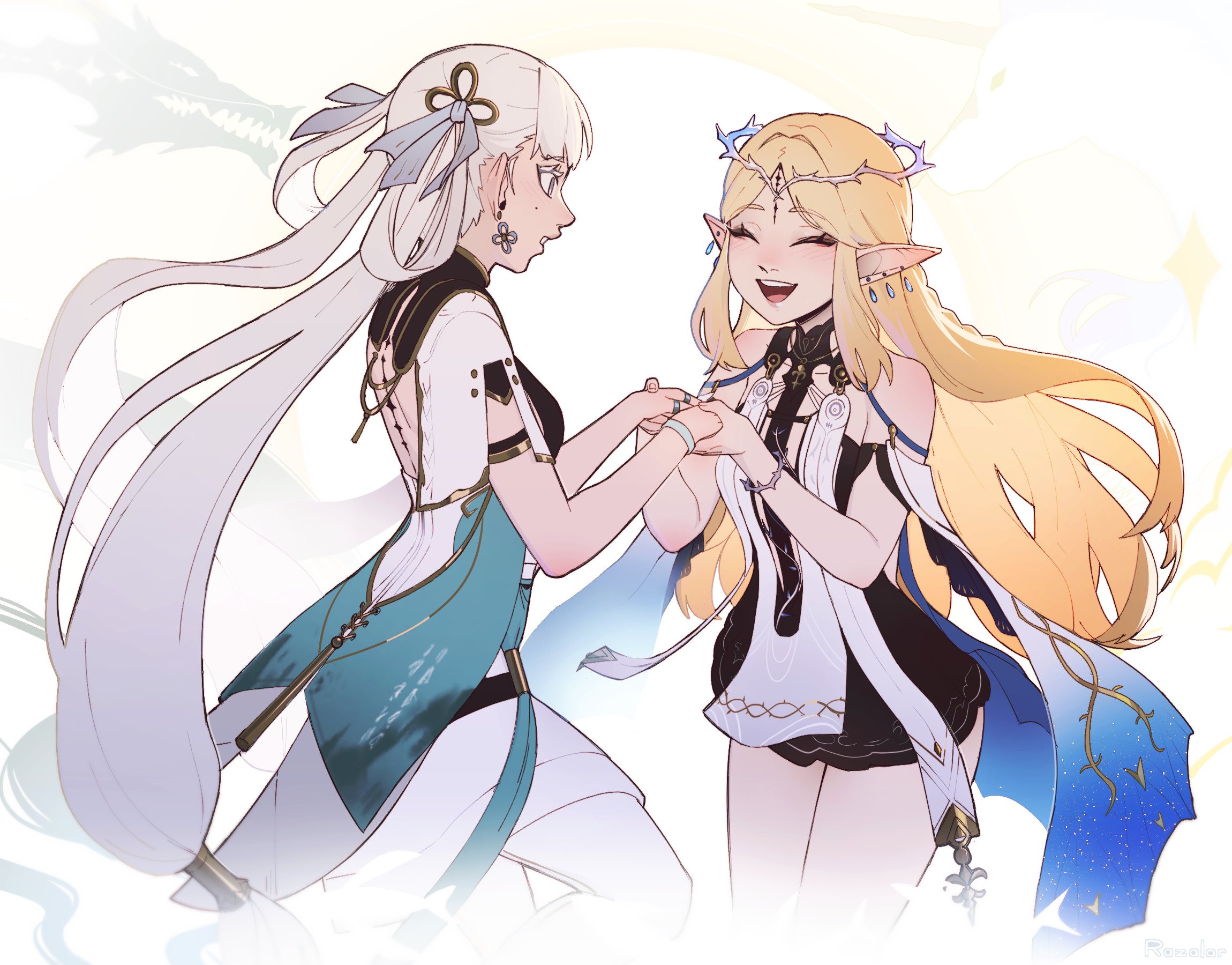 razalor, cartethyia (wuthering waves), jinhsi (wuthering waves), wuthering waves, commentary, english commentary, highres, 2girls, :d, ^ ^, bare arms, bare shoulders, blonde hair, breasts, closed eyes, crown of thorns, dress, earrings, facing another, hair rings, hair tubes, holding hands, jewelry, long hair, long pointy ears, looking at another, mole, mole on cheek, multiple earrings, multiple girls, open mouth, pointy ears, round teeth, simple background, small breasts, smile, teeth, upper teeth only, very long hair, white background, white hair, wristband