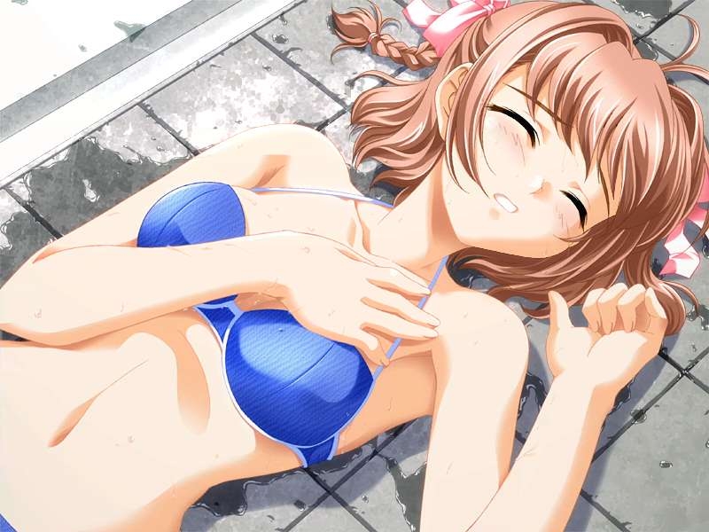 baka ouji persia, suzumiya haruka, kimi ga nozomu eien, 1girl, antenna hair, bikini, blue bikini, blush, braid, breasts, brown hair, closed eyes, collarbone, hair ribbon, hand on own chest, lying, medium breasts, navel, parted lips, pink ribbon, ribbon, short hair, swimsuit, teeth, upper body, wet