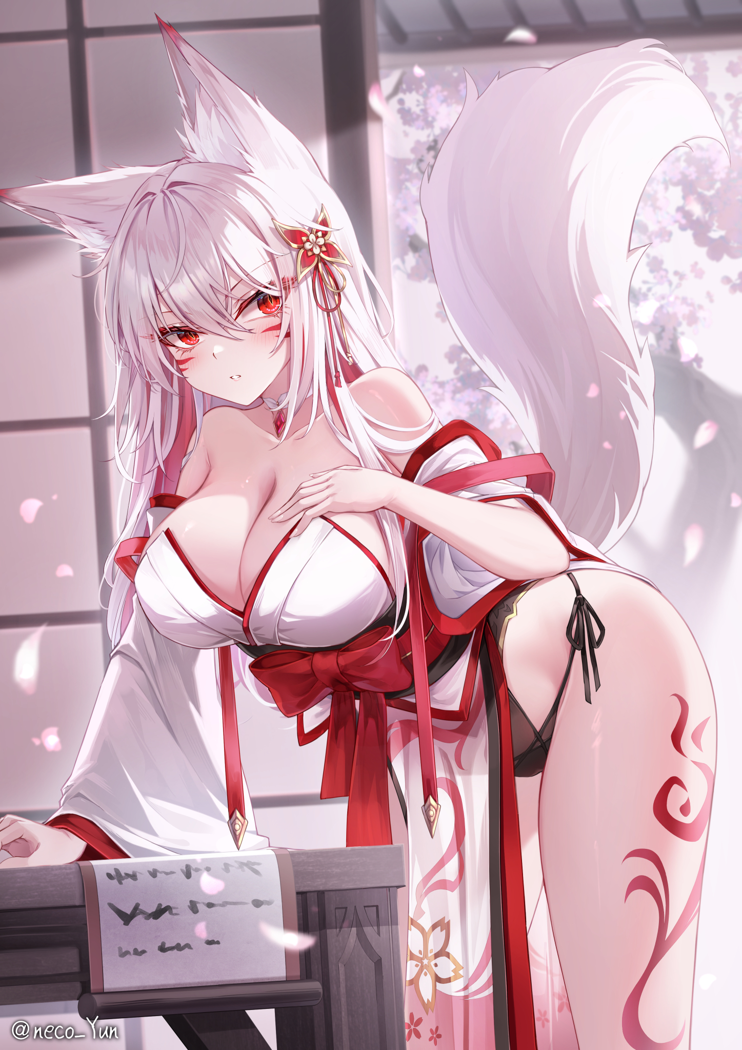 yeosi, original, highres, 1girl, animal ear fluff, animal ears, bare shoulders, breasts, cleavage, detached collar, facial mark, fox ears, fox girl, fox tail, hair between eyes, hand on own chest, large breasts, leaning forward, leg tattoo, nontraditional miko, panties, pelvic curtain, red eyes, side-tie panties, solo, strapless, tail, tattoo, underwear, whisker markings, white hair