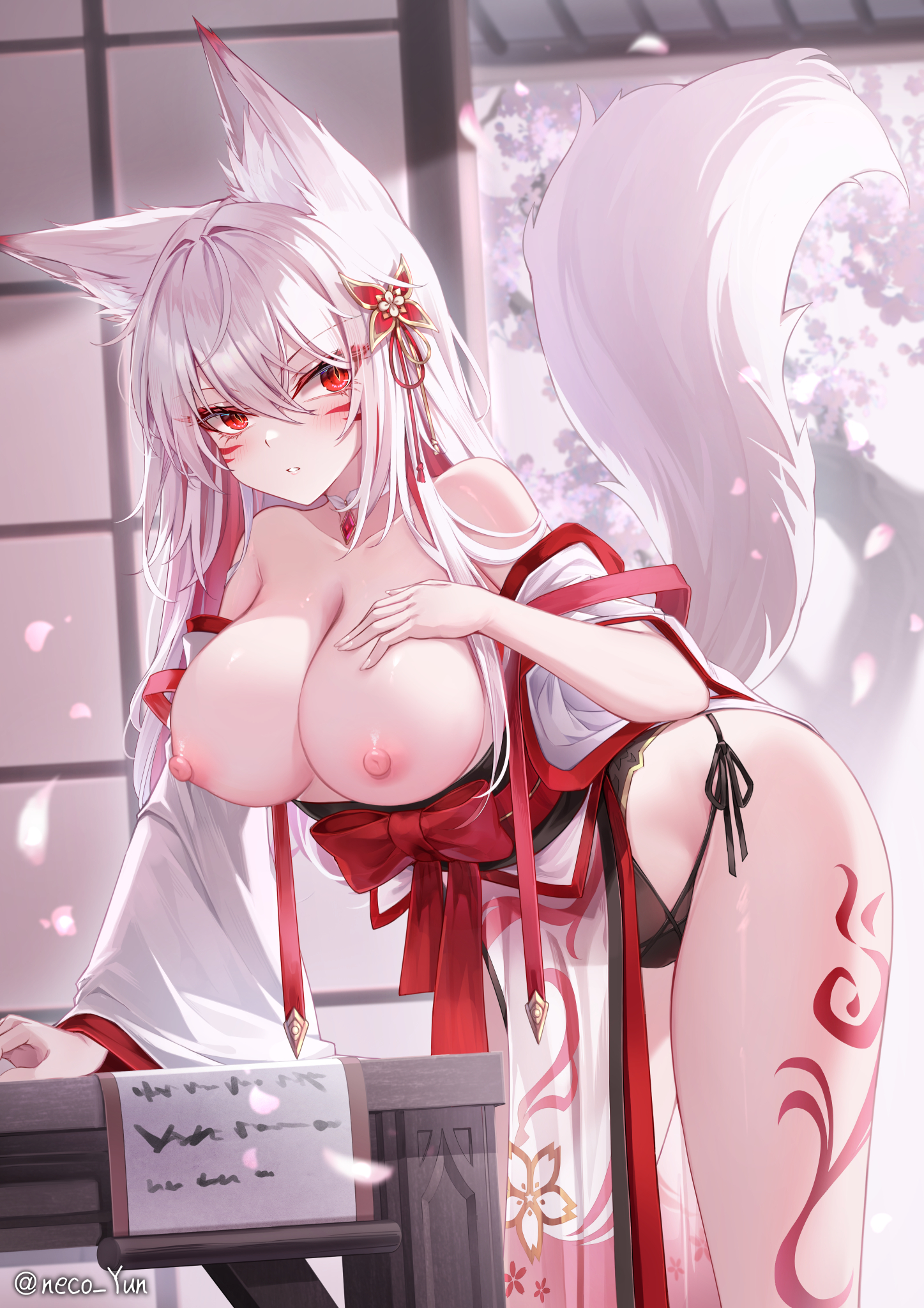 yeosi, original, highres, 1girl, animal ear fluff, animal ears, bare shoulders, breasts, breasts out, cleavage, detached collar, facial mark, fox ears, fox girl, fox tail, hair between eyes, hand on own chest, large breasts, leaning forward, leg tattoo, nipples, nontraditional miko, panties, pelvic curtain, red eyes, side-tie panties, solo, strapless, tail, tattoo, underwear, whisker markings, white hair
