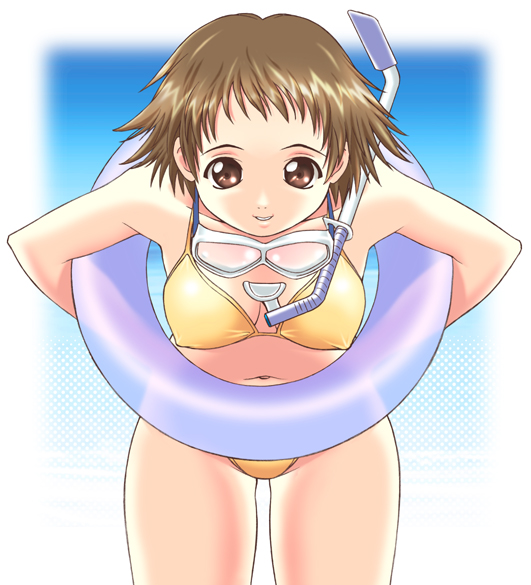 tagme, 1girl, bikini, brown eyes, brown hair, female focus, innertube, navel, solo, swim ring, swimsuit
