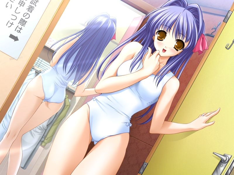 masaharu, shirase ui, ui-chan no niizuma diary, game cg, tagme, ass, brown eyes, dutch angle, looking at viewer, mirror, one-piece swimsuit, purple hair, swimsuit
