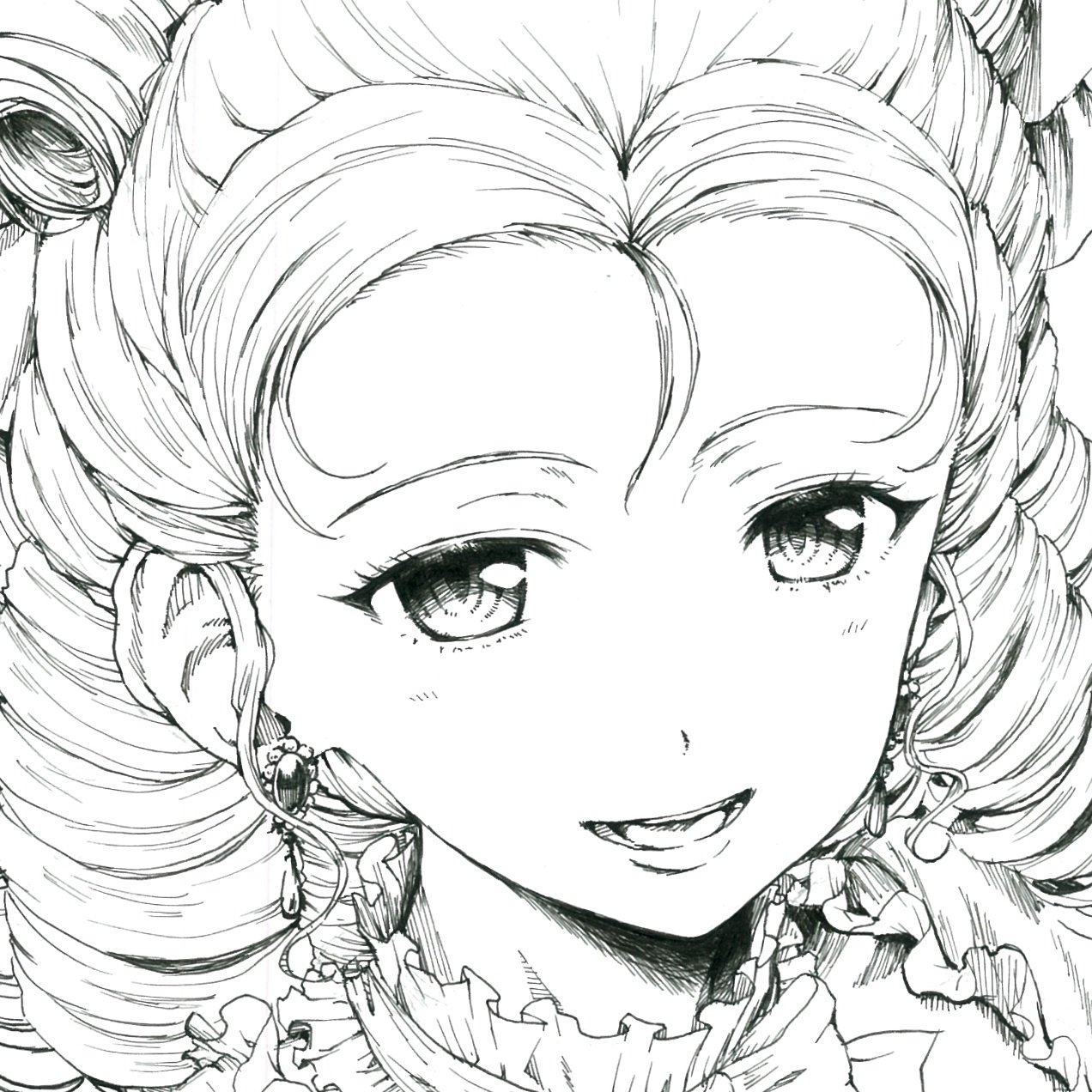 sawamin, marie (girls und panzer), girls und panzer, hashtag-only commentary, highres, 1girl, alternate costume, close-up, collar, drill hair, earrings, frilled collar, frills, greyscale, jewelry, long hair, looking at viewer, monochrome, open mouth, portrait, smile, solo, teeth, tongue