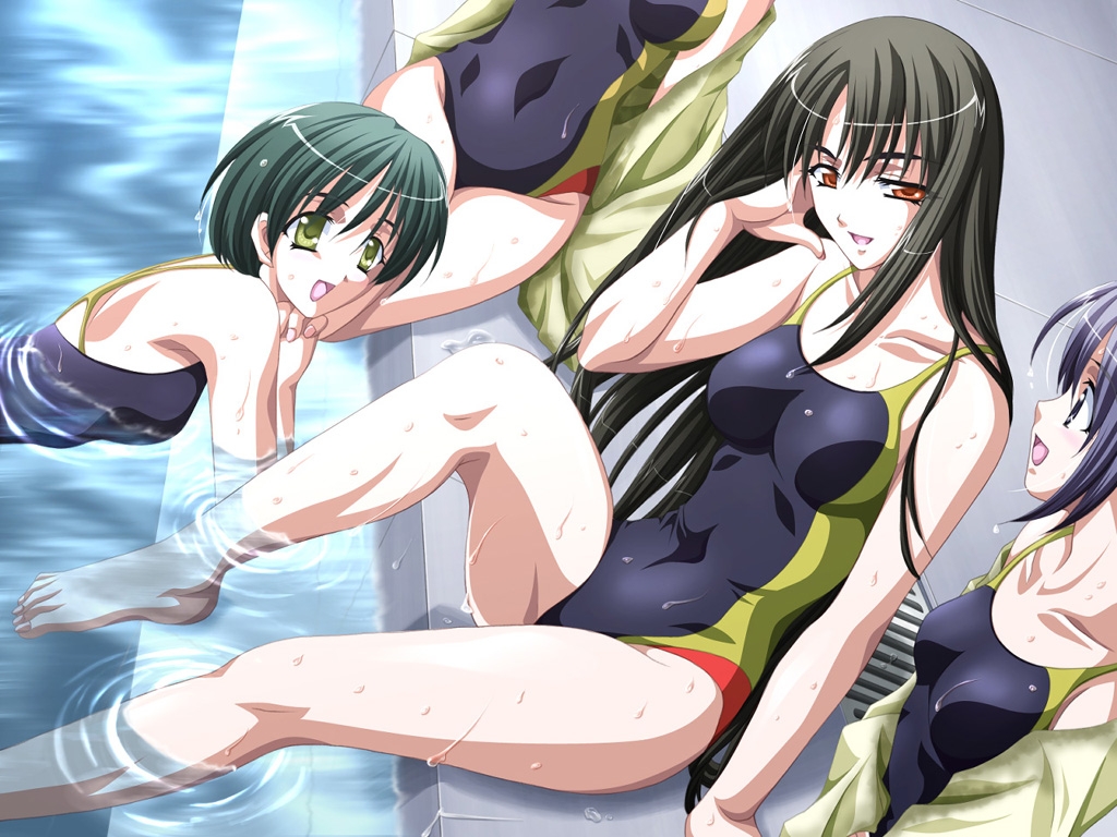 aikawa arisa, kotoura tsubaki, akarui mirai, game cg, 4girls, :d, barefoot, black hair, blue hair, competition swimsuit, green eyes, green hair, long hair, multiple girls, one-piece swimsuit, open mouth, orange eyes, partially submerged, pool, poolside, short hair, sitting, smile, soaking feet, swimsuit, water, wet