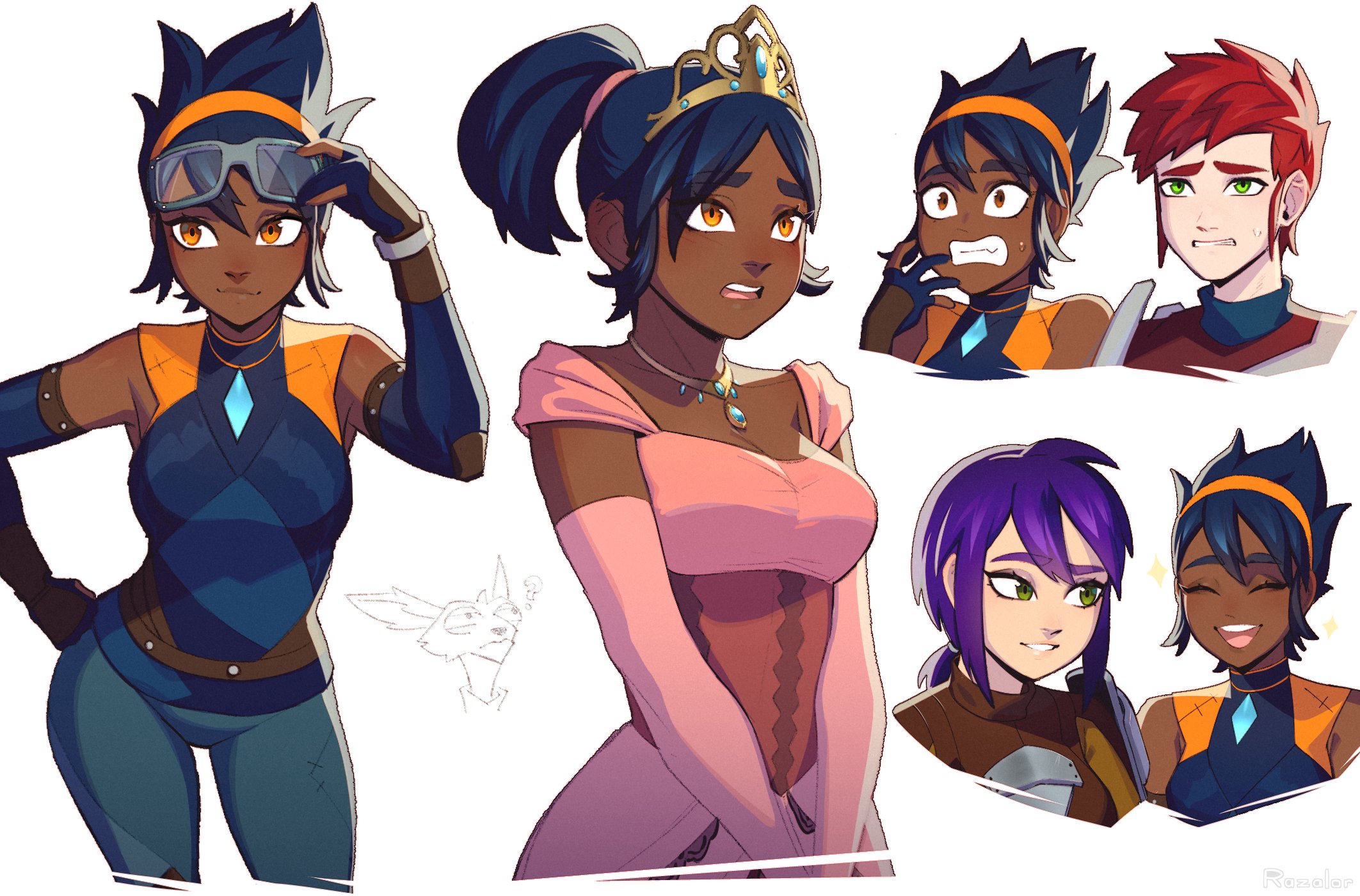 razalor, commentary, highres, 1boy, 2girls, :d, ^ ^, aerrow (storm hawks), blue hair, breasts, brown eyes, clenched teeth, closed eyes, contrapposto, dark-skinned female, dark skin, dress, elbow gloves, gloves, goggles, goggles on head, green eyes, hairband, hand on own hip, jewelry, medium breasts, multiple girls, multiple views, necklace, open mouth, partially fingerless gloves, pink dress, pink gloves, piper (storm hawks), ponytail, purple hair, red hairband, round teeth, simple background, smile, starling (storm hawks), storm hawks, teeth, tiara, upper teeth only, white background