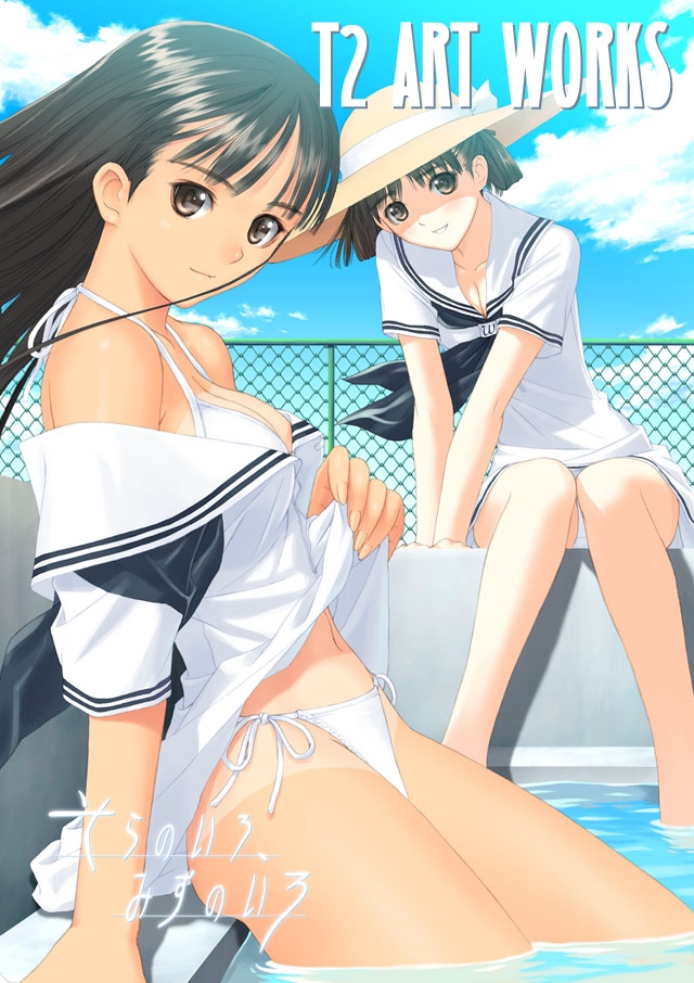 tony taka, mizushima asa, sorayama natsume, sora no iro mizu no iro, 00s, 2girls, bikini, blush, hat, multiple girls, pool, school uniform, serafuku, side-tie bikini bottom, sun hat, swimsuit, tan, tanline, twintails, water