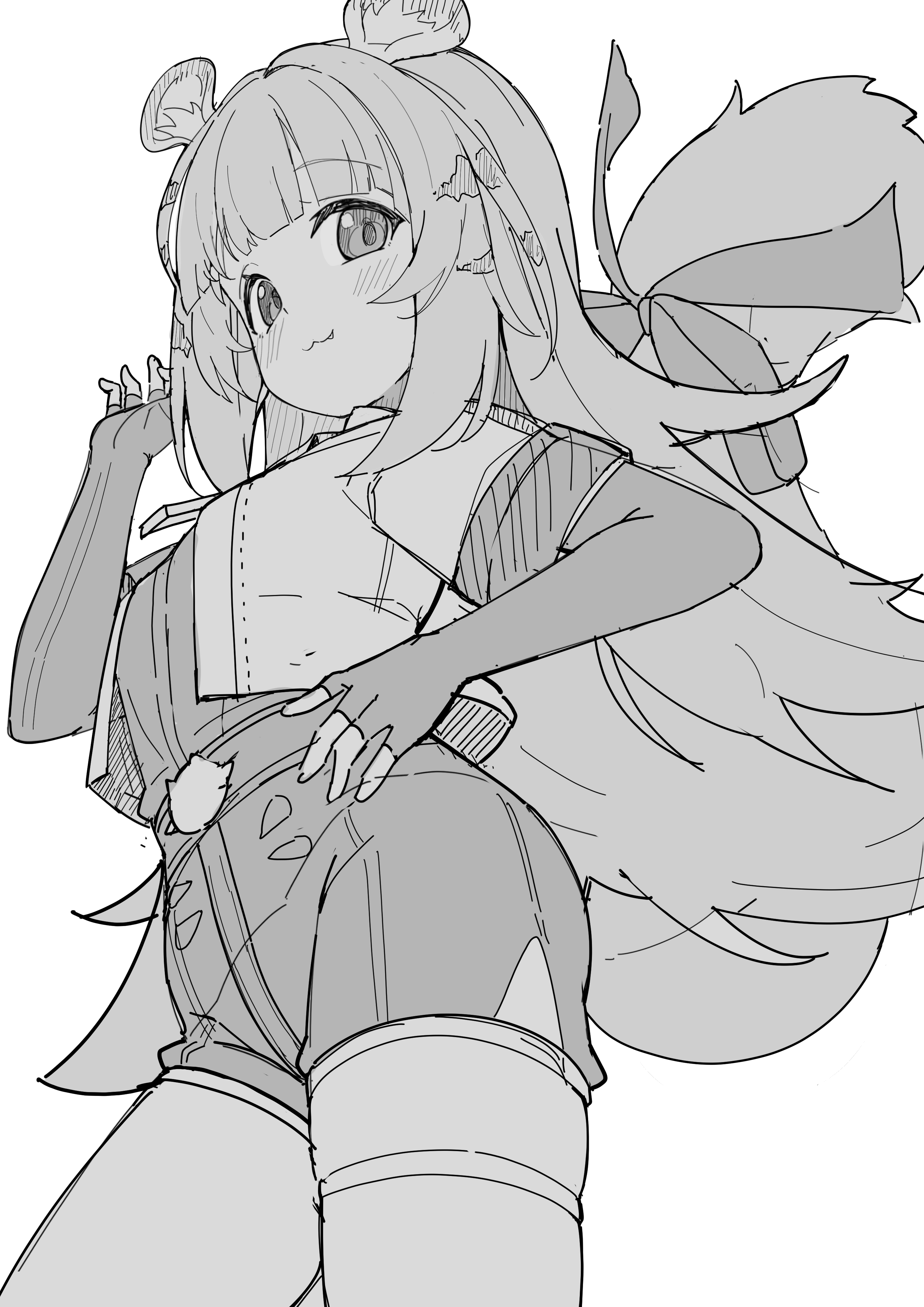 okota mikan, ju fufu, zenless zone zero, absurdres, commentary request, highres, 1girl, :3, animal ear fluff, animal ears, blush, bow, closed mouth, elbow gloves, fang, fang out, fingerless gloves, gloves, greyscale, hand up, jacket, long hair, looking at viewer, monochrome, open clothes, open jacket, short hair, short shorts, shorts, simple background, skindentation, smile, solo, tail, tail bow, tail ornament, very long hair, white background