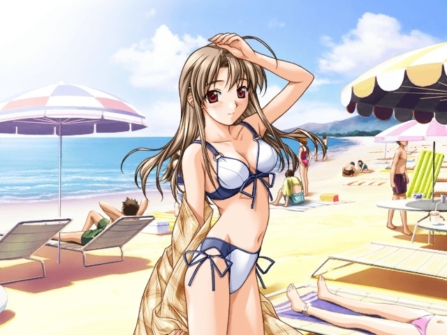 hashimoto takashi, pia carrot (series), pia carrot e youkoso!! 3, 1girl, beach, beach towel, beach umbrella, bikini, blush, breasts, brown eyes, brown hair, cleavage, cloud, collarbone, large breasts, long hair, looking at viewer, navel, ocean, sand, side-tie bikini bottom, sky, smile, standing, swimsuit, towel, umbrella, water, white bikini