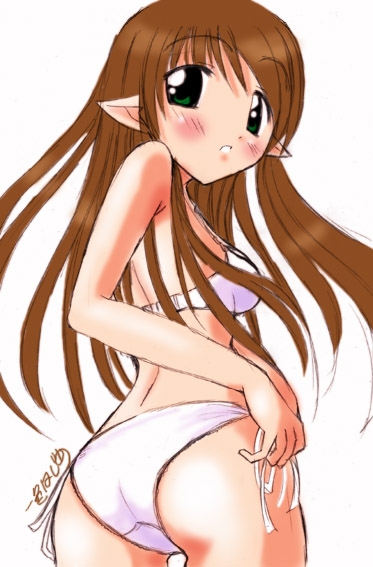 isshoku hajime, character request, copyright request, 1girl, ass, bikini, blush, breasts, brown hair, elf, from behind, green eyes, long hair, looking at viewer, looking back, parted lips, pointy ears, side-tie bikini bottom, small breasts, standing, swimsuit, teeth, white background, white bikini