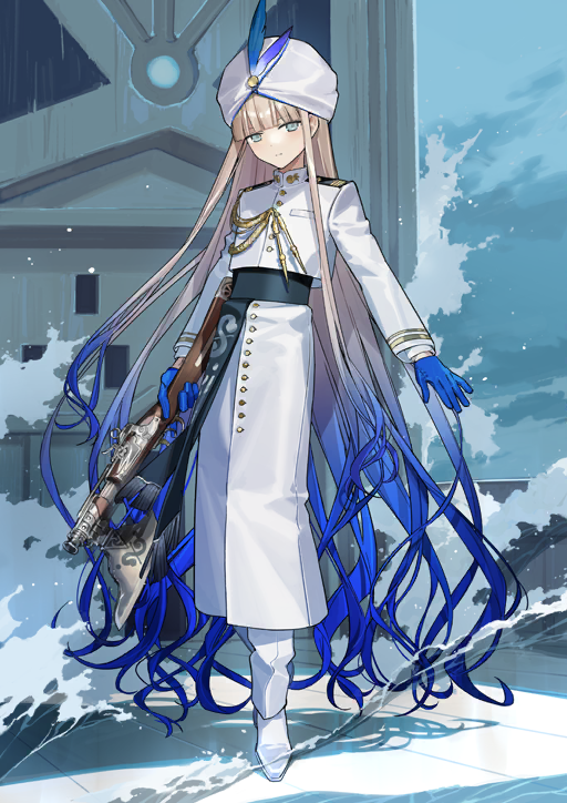 itefu, nemo (first ascension) (fate/grand order arcade), fate/grand order, fate (series), game cg, official art, third-party source, variant set, 1boy, aiguillette, androgynous, axe, black sash, blonde hair, blue background, blue gloves, blue hair, blunt bangs, buttons, closed mouth, expressionless, full body, gloves, gradient hair, green eyes, gun, hat feather, high collar, holding, holding axe, holding gun, holding weapon, jacket, long hair, long sidelocks, long sleeves, looking at viewer, male focus, military uniform, multicolored hair, naval uniform, nemo (fate/grand order arcade), pants, sash, shoes, sidelocks, solo, splashing, standing, very long hair, very long sidelocks, weapon, white jacket, white pants, white shoes, white turban