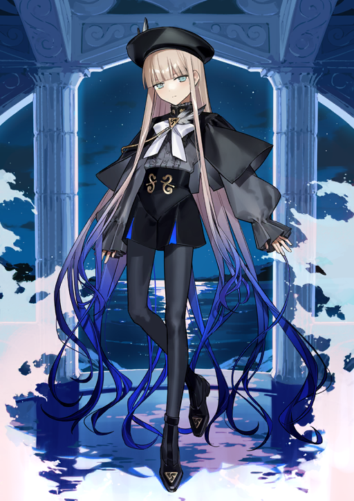 itefu, fate/grand order, fate (series), game cg, official art, third-party source, variant set, 1boy, androgynous, black capelet, black hat, black shoes, black shorts, blonde hair, blue background, blue hair, blunt bangs, bow, bowtie, capelet, closed mouth, expressionless, full body, gradient hair, green eyes, grey pantyhose, grey shirt, hat, high-waist shorts, high collar, long hair, long sidelocks, long sleeves, looking at viewer, male focus, multicolored hair, nemo (fate/grand order arcade), pantyhose, puffy long sleeves, puffy sleeves, shirt, shoes, shorts, sidelocks, sleeves past wrists, solo, standing, standing on one leg, trap, very long hair, very long sidelocks, white bow, white bowtie