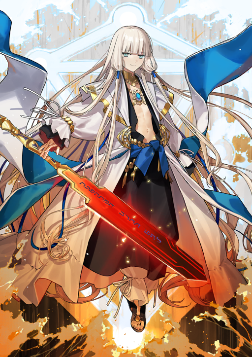 itefu, noah (fate), fate/grand order, fate (series), game cg, official art, third-party source, 1boy, androgynous, black robe, black sandals, blonde hair, blunt bangs, closed mouth, floating, floating hair, floating object, floating sword, floating weapon, full body, glowing, glowing sword, glowing weapon, gold choker, green eyes, hand to weapon, hebrew text, jewelry, linea alba, long hair, long sidelocks, long sleeves, looking at viewer, low-tied sidelocks, male focus, navel, nemo (fate/grand order arcade), pants, robe, sandals, sidelocks, smile, solo, sword, toe ring, very long hair, very long sidelocks, weapon, white pants, white robe