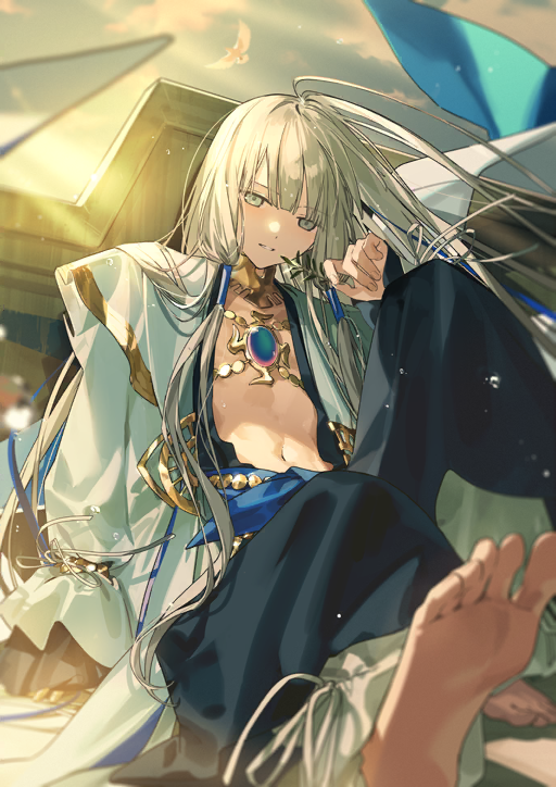 itefu, noah (fate), fate/grand order, fate (series), game cg, official art, third-party source, 1boy, androgynous, arm support, barefoot, bird, black robe, blonde hair, blunt bangs, blurry, blurry background, blurry foreground, feet, from below, gold choker, green eyes, hand up, holding, knee up, light rays, long hair, long sidelocks, long sleeves, looking at viewer, low-tied sidelocks, male focus, navel, nemo (fate/grand order arcade), pants, parted lips, robe, sidelocks, sitting, smile, solo, sunbeam, sunlight, toes, very long hair, very long sidelocks, white pants, white robe, wind
