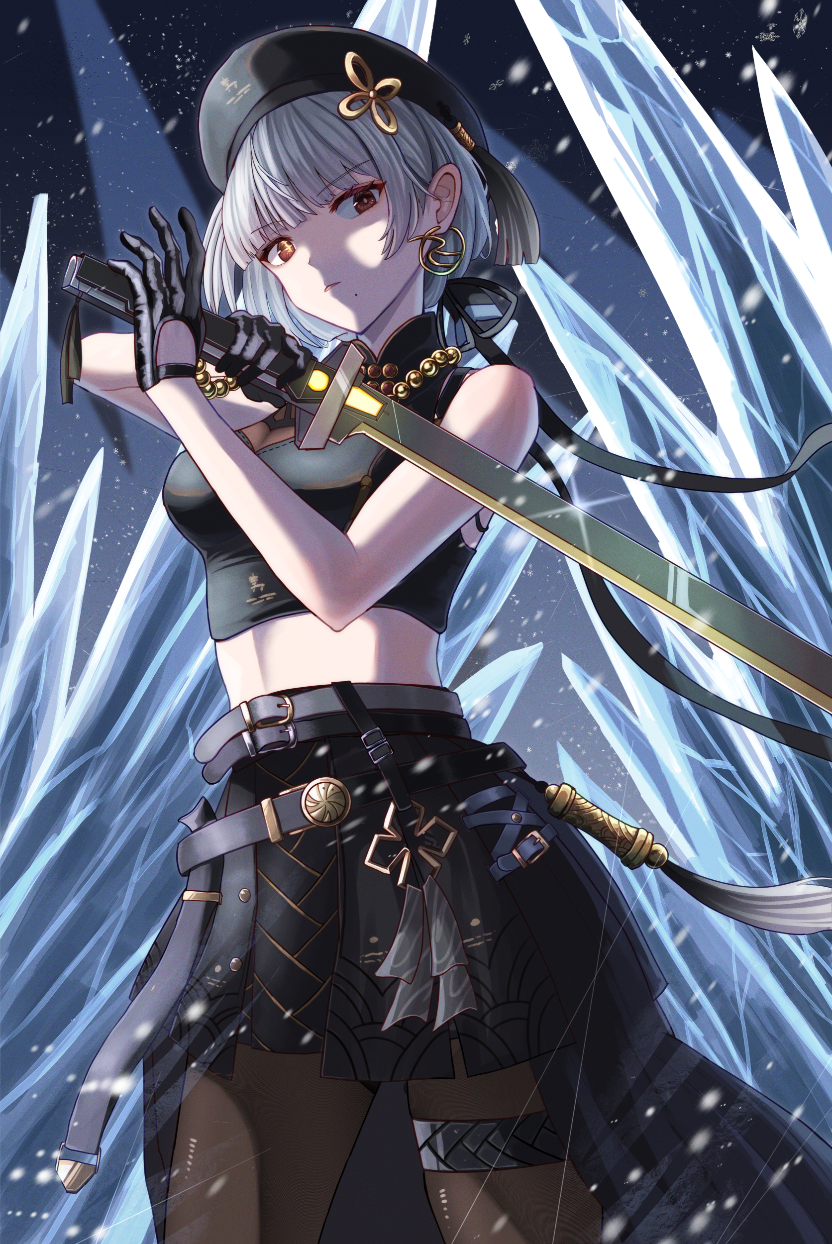 dinotodon, sanhua (wuthering waves), wuthering waves, absurdres, commentary, highres, 1girl, bare shoulders, beret, black gloves, black hat, black pantyhose, black shirt, black skirt, breasts, closed mouth, crop top, earrings, gloves, grey hair, hat, high-low skirt, holding, holding sword, holding weapon, hoop earrings, jewelry, looking at viewer, medium breasts, mismatched irises, mole, mole under mouth, pantyhose, red eyes, shirt, skirt, solo, sword, tacet mark (wuthering waves), weapon