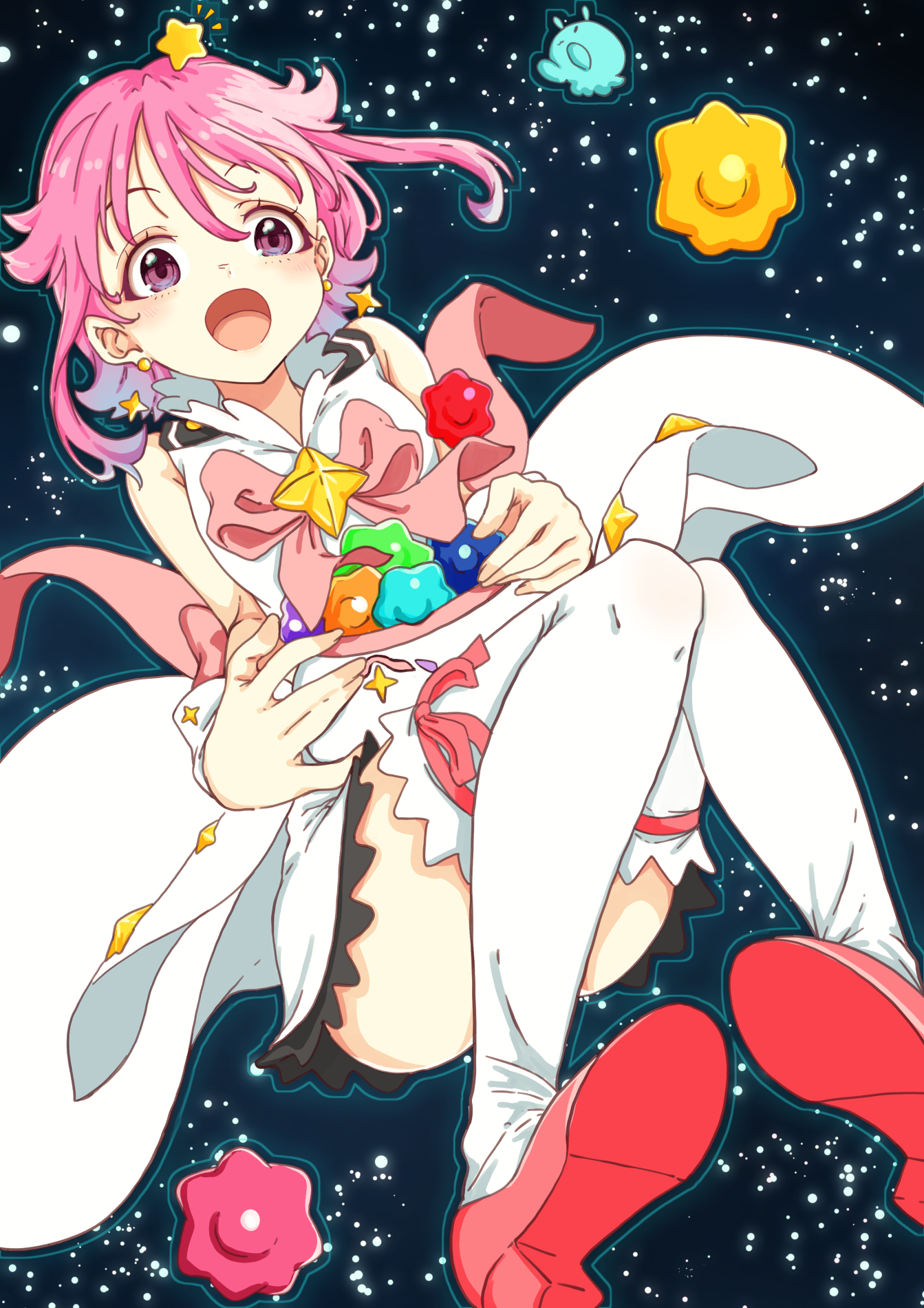mono9ron, subaru (houkago no pleiades), houkago no pleiades, highres, 1girl, bow, bowtie, earrings, floating, jewelry, magical girl, open mouth, pink bow, pink bowtie, pink eyes, pink hair, short hair, smile, space, star (sky), star ornament, thighhighs, white thighhighs
