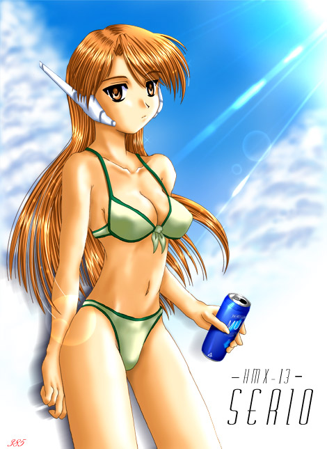 serio (to heart), to heart, to heart (series), artist request, 1girl, android, bikini, breasts, brown eyes, brown hair, can, cleavage, cloud, collarbone, drink can, green bikini, holding, lens flare, light rays, long hair, looking at viewer, medium breasts, navel, robot, robot ears, sky, soda can, standing, sunbeam, sunlight, swimsuit