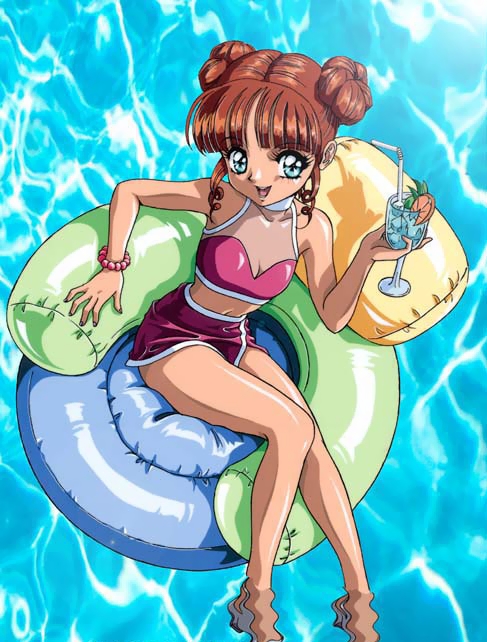 artist request, character request, copyright request, 1girl, barefoot, bikini, bikini skirt, blue eyes, bracelet, breasts, brown hair, cleavage, collarbone, cup, drink, drinking glass, drinking straw, food, fruit, hair bun, holding, holding drink, ice, ice cube, inflatable raft, jewelry, looking at viewer, medium breasts, navel, open mouth, orange (fruit), orange slice, pink bikini, pool, sidelocks, sitting, smile, soaking feet, swimsuit, teeth, tropical drink, water