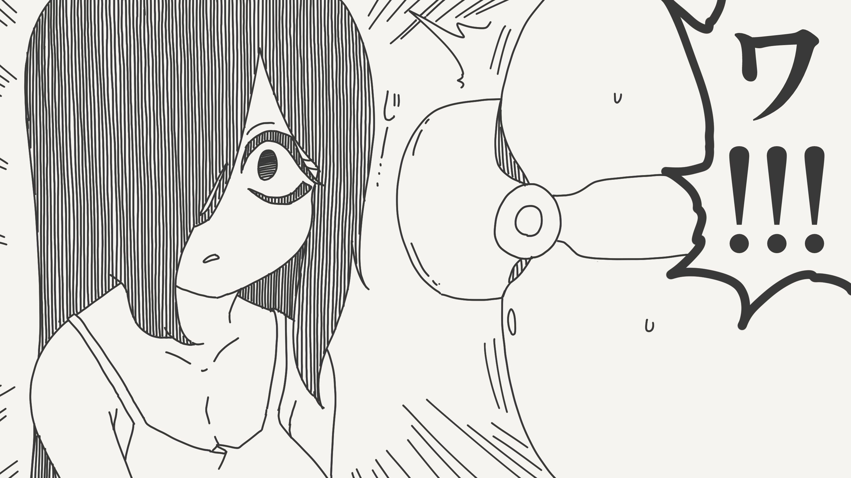 horideiyasumi, original, commentary, highres, translated, 1boy, 1girl, ^^^, babydoll, bags under eyes, black eyes, black hair, breasts, ghost, hair over one eye, head-mounted display, large breasts, long hair, thick eyelashes