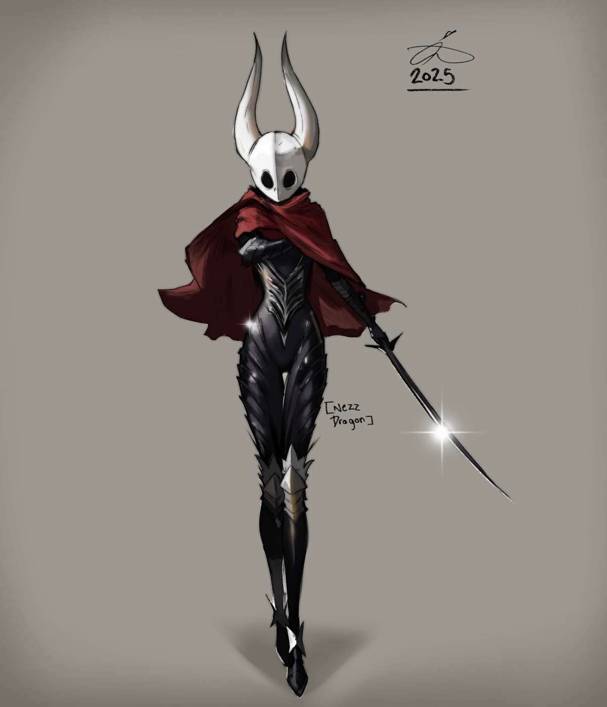 hornet (hollow knight), hollow knight, hollow knight: silksong, narrow hips, highres, armor, cape, fake horns, helmet, holding, horned headwear, horned helmet, horns, knee pads, mask, sword, thigh armor, weapon