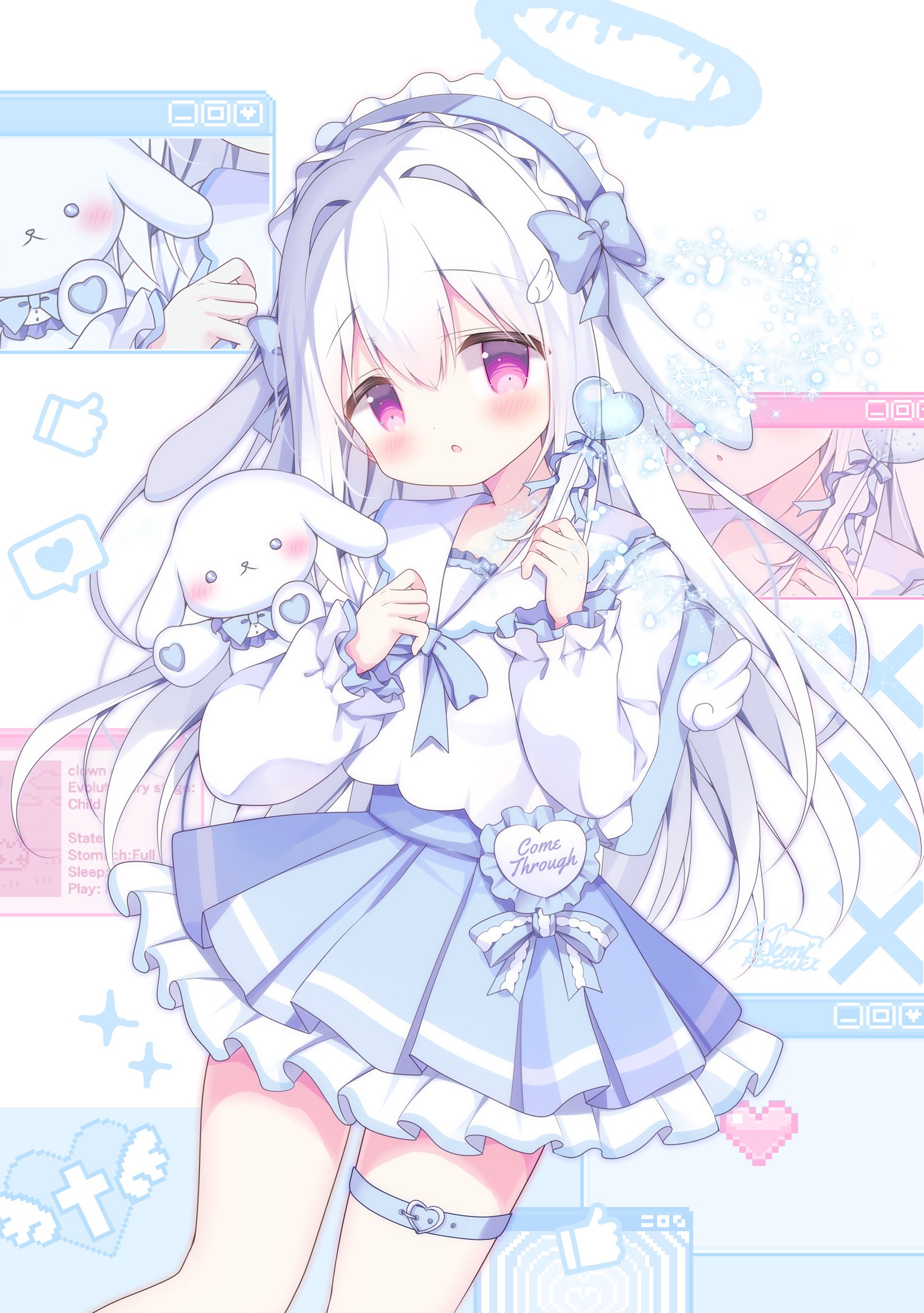 azumi kazuki, original, commentary request, highres, 1girl, :o, animal ears, blue bow, blue hairband, blue skirt, blush, bow, desktop (computing), english text, fake animal ears, floppy ears, frilled hairband, frilled skirt, frills, hair between eyes, hair intakes, hair ornament, hairband, halo, hands up, heart, holding, long hair, long sleeves, looking at viewer, parted lips, pixelated, pleated skirt, puffy long sleeves, puffy sleeves, purple eyes, rabbit ears, sailor collar, shirt, skirt, sleeves past wrists, solo, stuffed animal, stuffed rabbit, stuffed toy, very long hair, white background, white hair, white sailor collar, white shirt, wing hair ornament, zoom layer