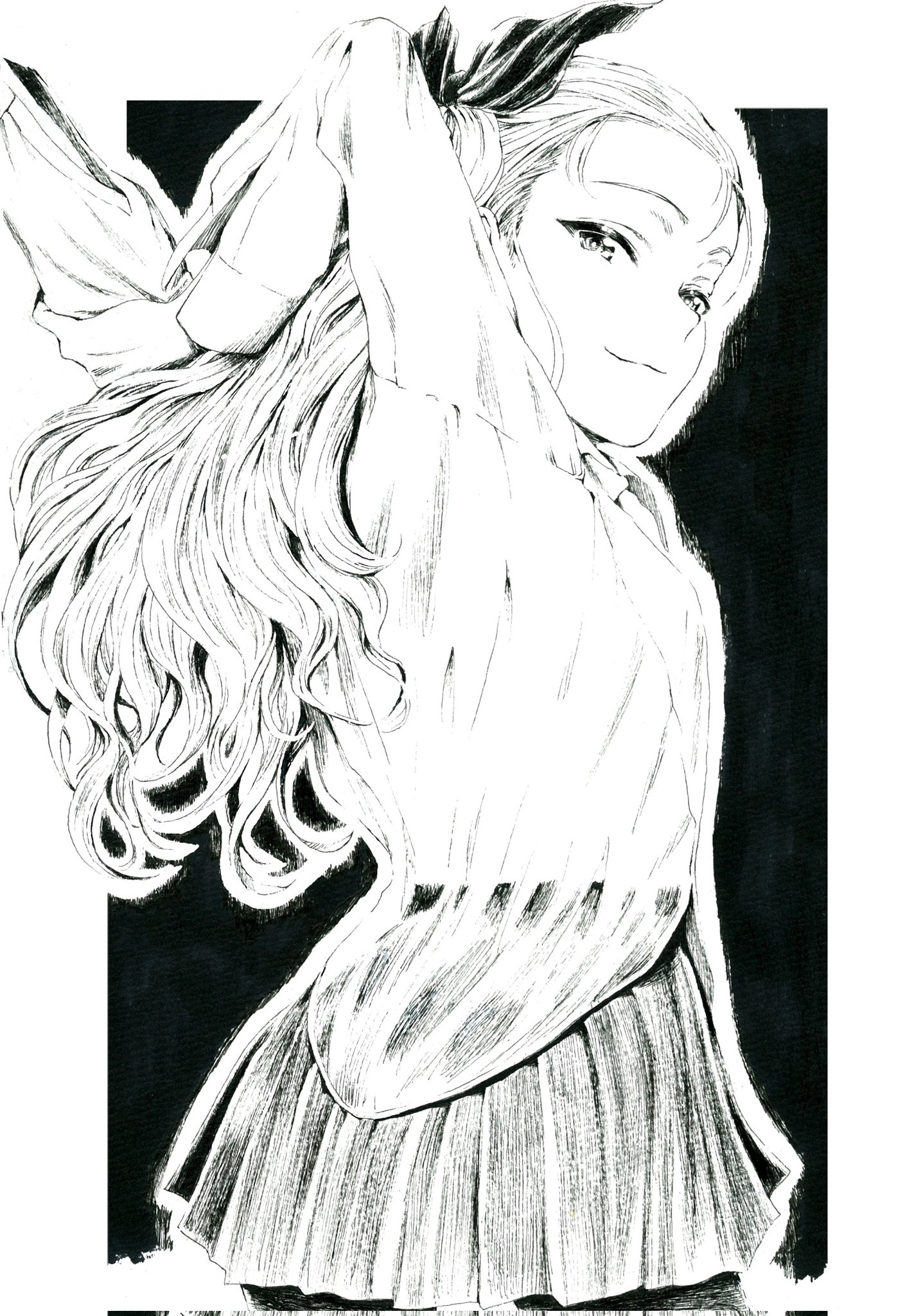 sawamin, assam (girls und panzer), girls und panzer, corrupted twitter file, hashtag-only commentary, highres, 1girl, arms behind head, arms up, black background, black bow, black skirt, border, bow, cowboy, dress shirt, from side, greyscale, hair bow, long hair, looking at viewer, monochrome, necktie, outside border, pantyhose, shirt, skirt, smirk, solo, stretching, wavy hair, western, white border