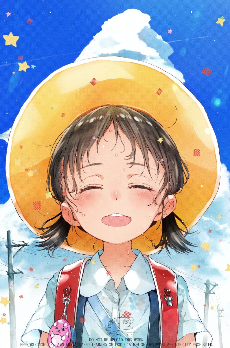 gomennasai, original, commentary request, highres, 1girl, :d, ^ ^, backpack, bag, black hair, blue sky, blush, brown hair, closed eyes, cloud, cloudy sky, collared shirt, crime prevention buzzer, day, dress shirt, facing viewer, happy, hat, low twintails, open mouth, outdoors, power lines, randoseru, school uniform, shirt, short twintails, signature, sky, smile, solo, star (symbol), suspenders, sweat, teeth, twintails, upper body, upper teeth only, utility pole, watermark, white shirt, yellow hat