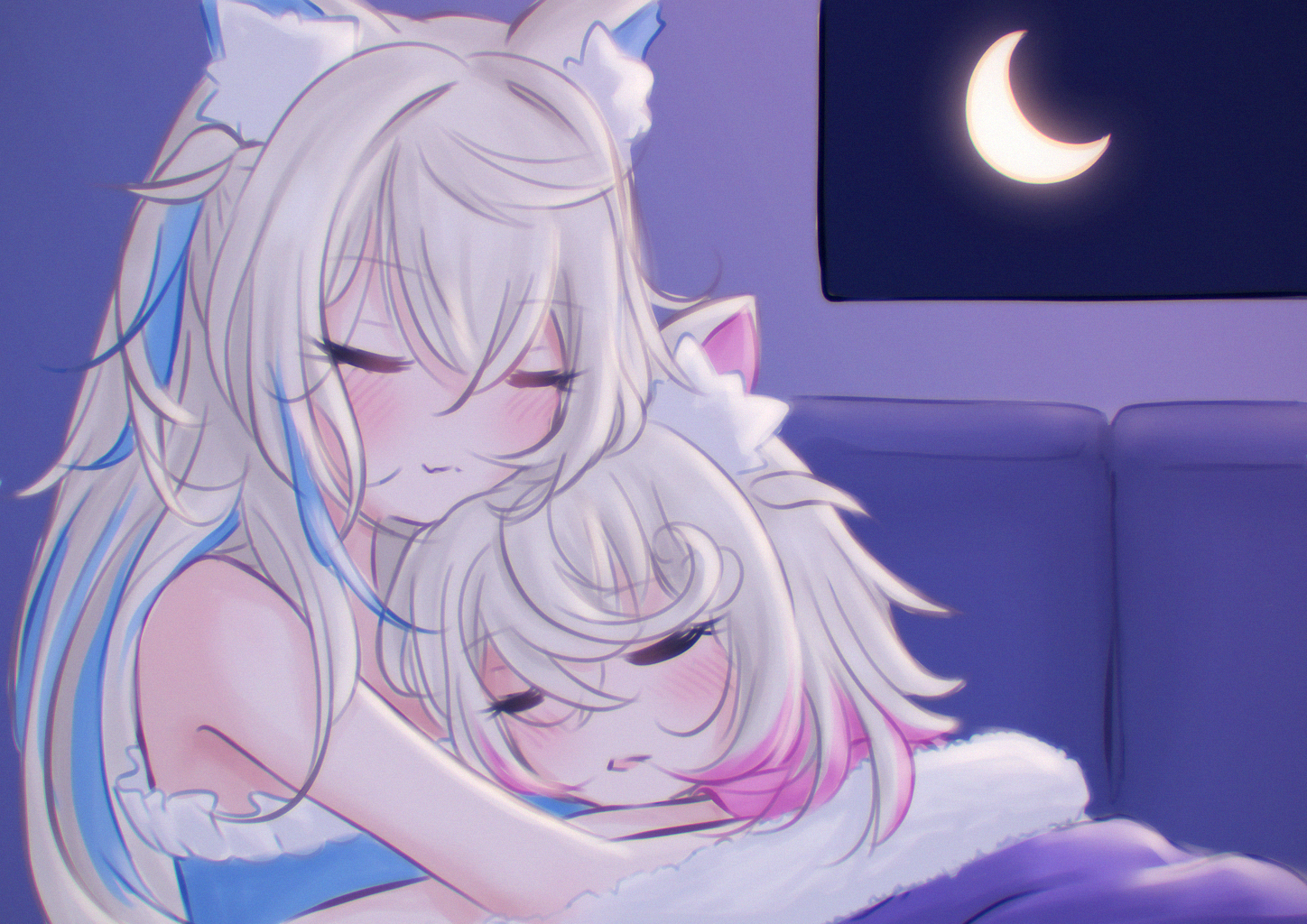 fuwawa abyssgard, mococo abyssgard, hololive, hololive english, commentary, 2girls, animal ear fluff, animal ears, bed, blanket, blonde hair, blush, closed eyes, closed mouth, crescent moon, dated commentary, dog ears, dog girl, frills, hug, indoors, moon, multicolored hair, multiple girls, night, nightgown, open mouth, siblings, sisters, sleeping, smile, streaked hair, twins, under covers, upper body, window, yurimiyanae