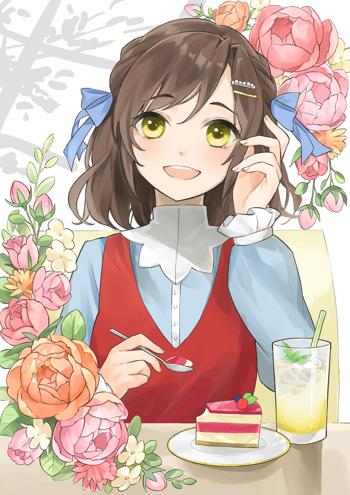 himukai aoi, original, commentary request, commission, highres, skeb commission, 1girl, berry, blue ribbon, blue shirt, blush, brown hair, bud, buttons, cheesecake, drink, drinking straw, eyelashes, flower, food, glass, hair ornament, hair ribbon, hairclip, holding, holding spoon, ice, long sleeves, medium hair, open mouth, orange flower, pink flower, plate, red vest, ribbon, shadow, shirt, smile, solo, spoon, teeth, upper body, upper teeth only, vest, white flower, yellow eyes