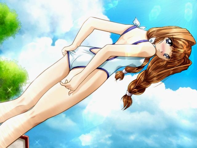 yamamoto kazue, men at work!, tagme, ass, braid, brown hair, one-piece swimsuit, sky, swimsuit