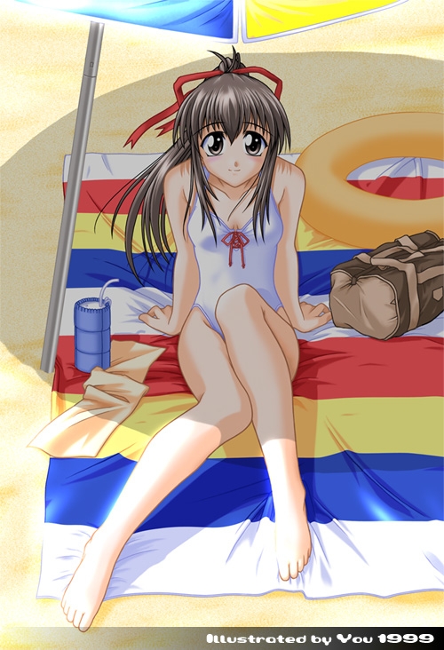 artist request, character request, copyright request, 1990s (style), 1999, 1girl, arm support, bag, barefoot, beach, beach towel, beach umbrella, blush, breasts, brown eyes, brown hair, cleavage, collarbone, cup, drinking straw, hair ribbon, innertube, long hair, looking at viewer, one-piece swimsuit, ponytail, red ribbon, retro artstyle, ribbon, sand, sitting, small breasts, smile, swim ring, swimsuit, towel, umbrella, white one-piece swimsuit