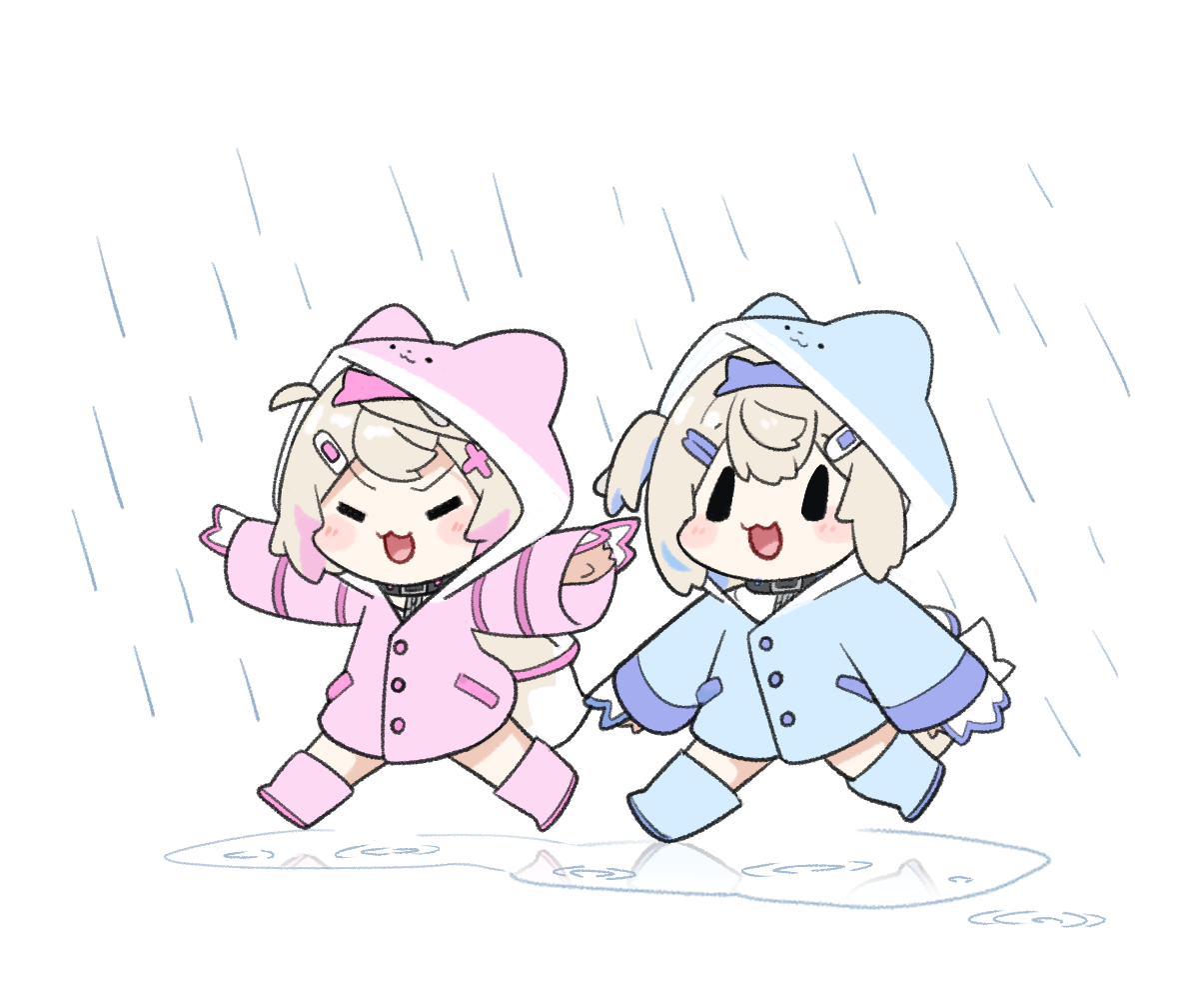 snowmya, fuwawa abyssgard, mococo abyssgard, hololive, hololive english, commentary, english commentary, 2girls, :3, = =, bandaid, bandaid hair ornament, blonde hair, blue boots, blue hair, blue hairband, blue raincoat, blush, blush stickers, boots, buttons, chibi, closed eyes, dog girl, dog tail, full body, hair ornament, hairband, hairclip, hood, hood up, long sleeves, multicolored hair, multiple girls, open mouth, outstretched arms, pink boots, pink hair, pink hairband, pink raincoat, puddle, rain, raincoat, ripples, rubber boots, siblings, simple background, sisters, smile, spread arms, streaked hair, tail, twins, v-shaped eyebrows, virtual youtuber, water, white background
