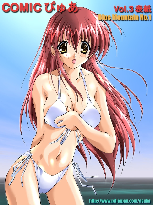 asuka keisuke, 1girl, bikini, blush, breasts, cleavage, cloud, collarbone, day, embarrassed, female focus, large breasts, long hair, looking at viewer, navel, ocean, open mouth, red hair, side-tie bikini bottom, sky, solo, standing, swimsuit, teeth, water, white bikini, yellow eyes