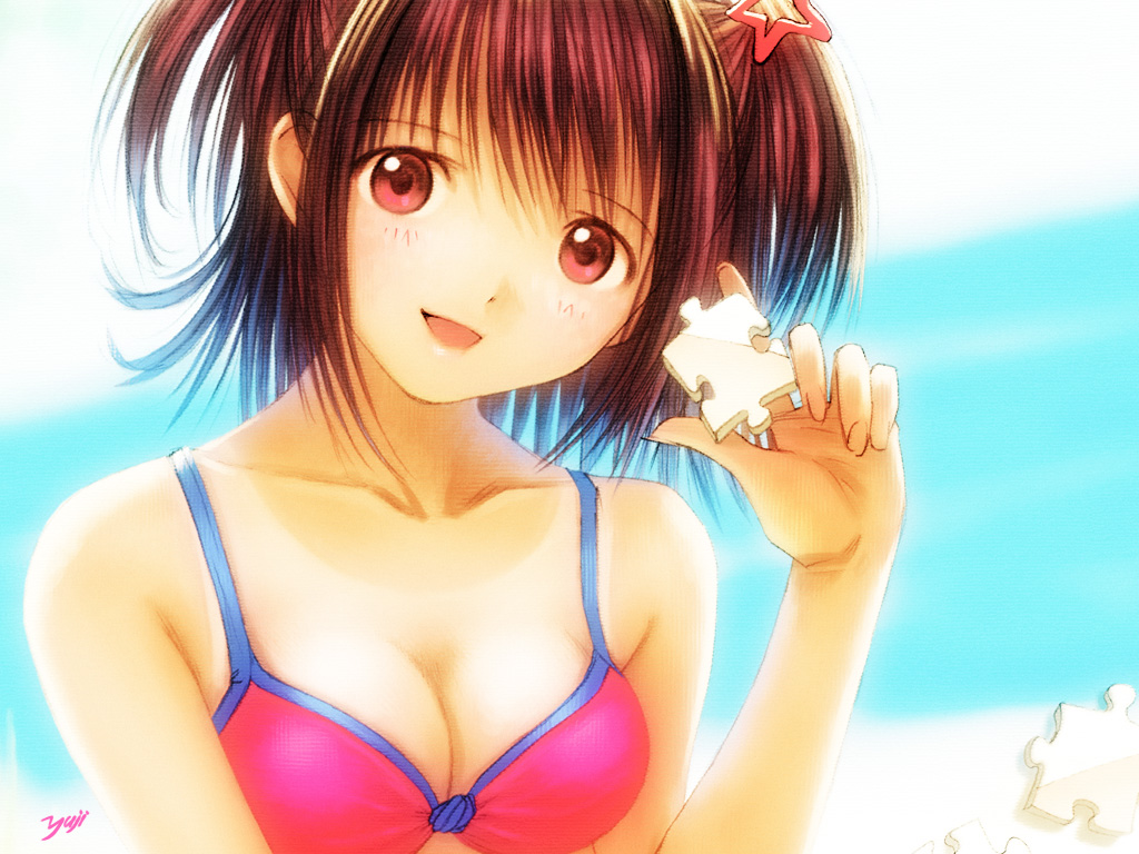 artist request, 1girl, bikini, blush, breasts, brown hair, cleavage, collarbone, hair ornament, holding, jigsaw puzzle, large breasts, looking at viewer, open mouth, pink bikini, pink eyes, puzzle, puzzle piece, short hair, smile, star (symbol), star hair ornament, swimsuit, twintails, upper body
