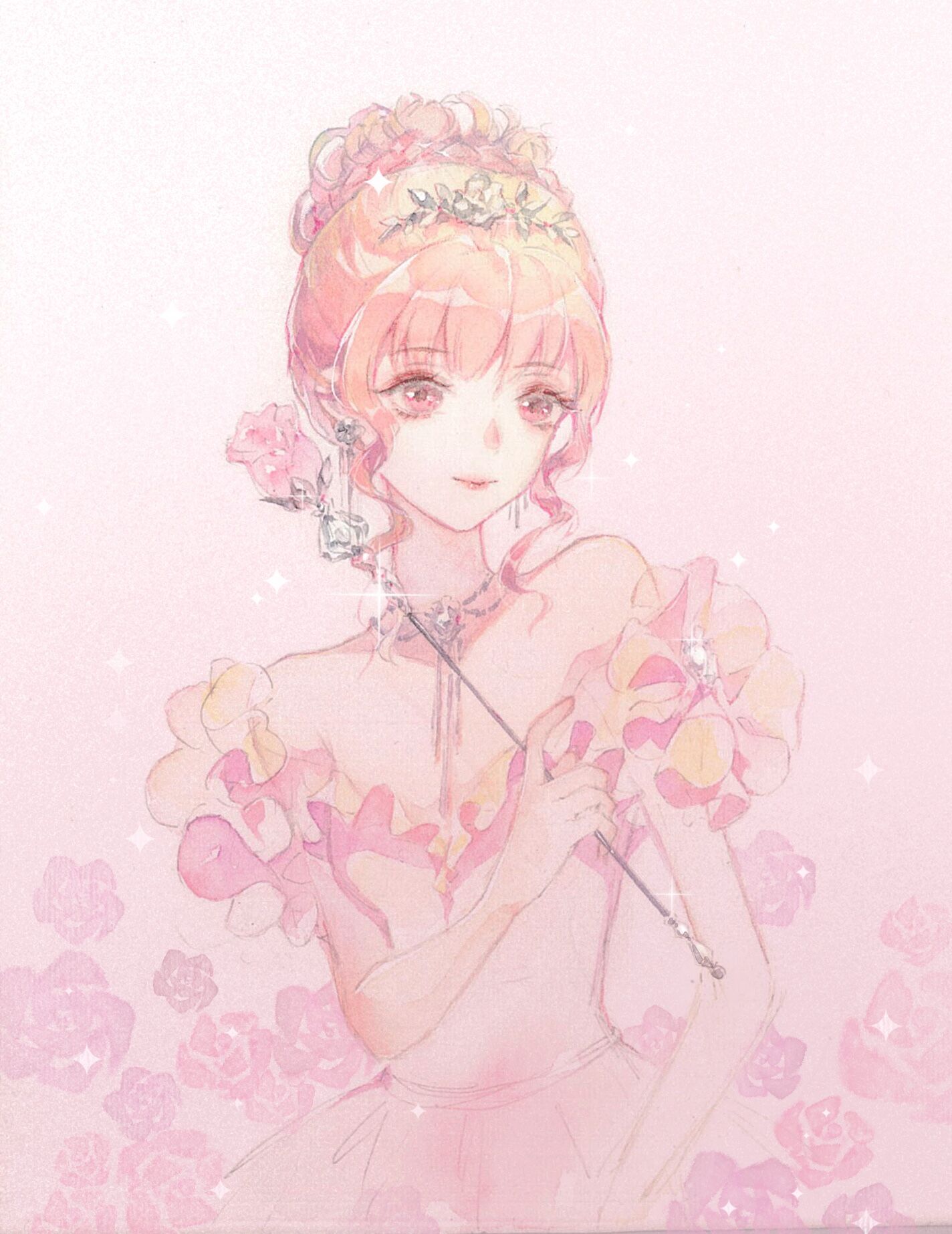 neko ye, nikki (nikki), nikki (series), shining nikki, highres, 1girl, alternate color, bare arms, bare shoulders, breasts, cleavage, closed mouth, collarbone, cowboy shot, dress, earrings, eyelashes, flower, frilled dress, frilled sleeves, frills, glittering date (shining nikki), gradient background, hair bun, holding, holding wand, jewelry, light particles, lipstick, looking to the side, makeup, off-shoulder dress, off shoulder, pink background, pink dress, pink eyes, pink flower, pink hair, pink lips, pink rose, pink theme, rose, short hair, short sleeves, single hair bun, small breasts, smile, solo, sparkle, tiara, wand