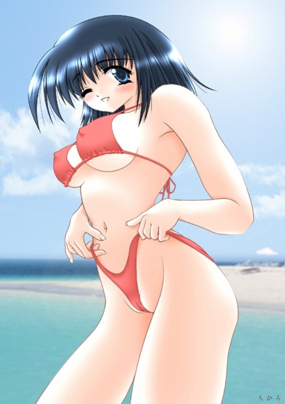 artist request, character request, copyright request, 1girl, adjusting clothes, adjusting swimsuit, beach, bikini, black hair, blue eyes, blush, breasts, cloud, covered erect nipples, large breasts, looking at viewer, navel, ocean, one eye closed, parted lips, red bikini, sand, self wedgie, short hair, sky, smile, standing, swimsuit, teeth, water, wedgie, wink