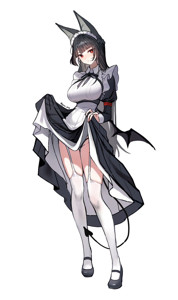 yuna (deadawon), hoshimi miyabi, zenless zone zero, highres, 1girl, alternate costume, animal ears, black dress, black panties, black shoes, breasts, demon tail, demon wings, dress, enmaided, fake tail, fake wings, fox ears, fox girl, full body, garter straps, large breasts, lifting own clothes, long hair, long sleeves, looking at viewer, maid, panties, red eyes, shoes, simple background, solo, standing, tail, thighhighs, underwear, very long hair, white background, white thighhighs, wings