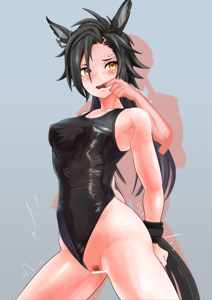 air shakur (umamusume), umamusume, bad id, bad pixiv id, highres, 1boy, 1girl, animal ears, bar censor, black hair, black one-piece swimsuit, breasts, censored, clothing aside, earrings, female pubic hair, grey background, hetero, horse ears, horse girl, horse tail, jewelry, kaischidennmk2, looking at viewer, medium breasts, one-piece swimsuit, open mouth, pubic hair, pussy, sharp teeth, simple background, solo, swimsuit, swimsuit aside, tail, teeth, yellow eyes