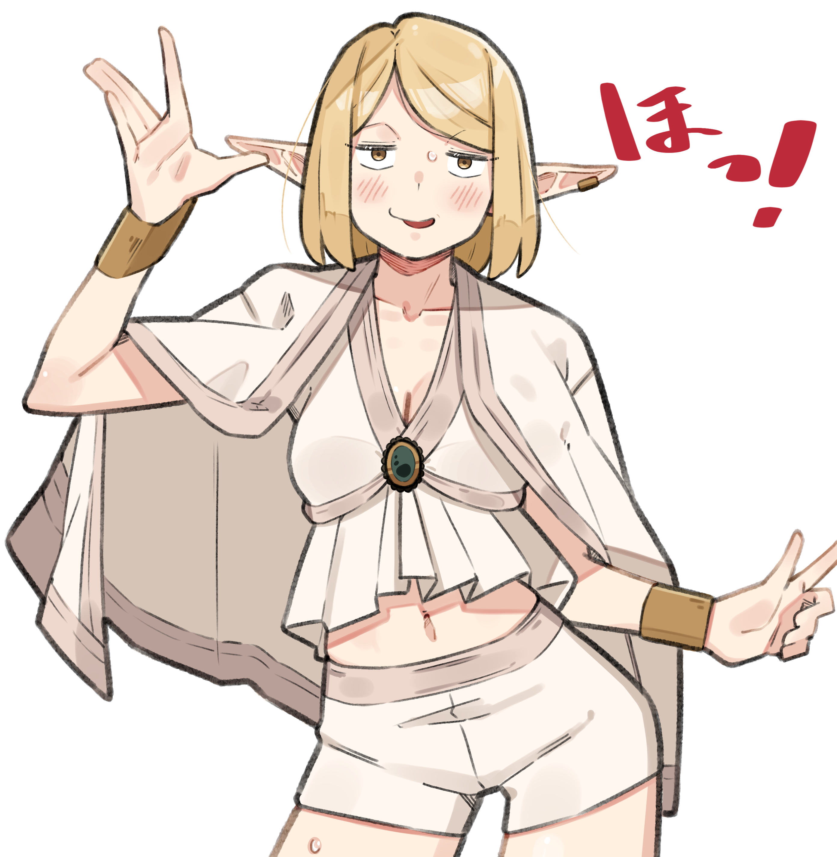sattinittas, serie (sousou no frieren), sousou no frieren, absurdres, highres, translation request, arm up, armlet, blonde hair, blush, breasts, cleavage, collarbone, contrapposto, cowboy shot, elf, hands up, jewelry, medium breasts, medium hair, navel, parted bangs, pointy ears, simple background, sweat, sweatdrop, upper body, white background