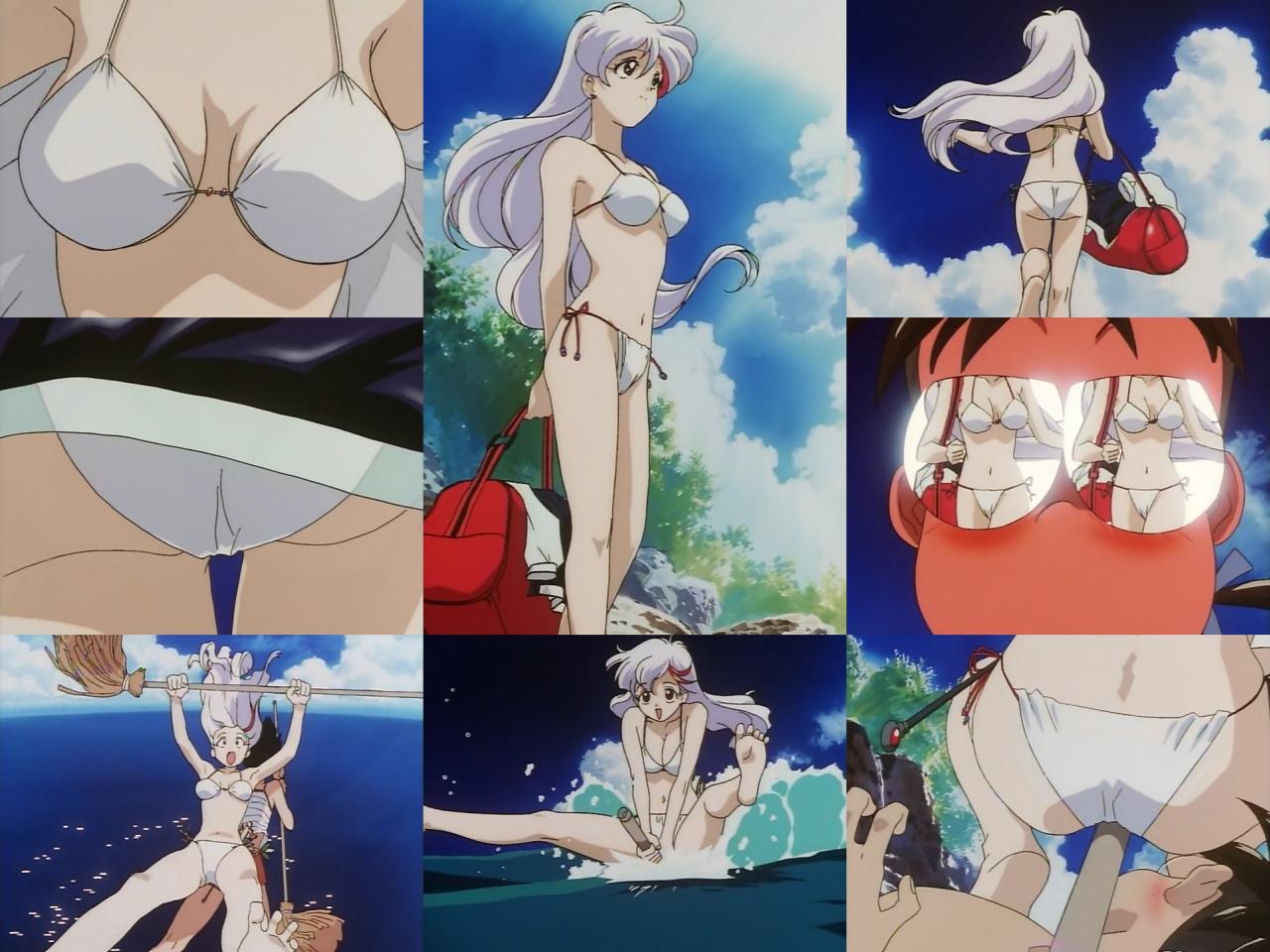 aikawa akane, takakura takeo, mahou tsukai tai!, anime screenshot, 1boy, 1girl, ass, bag, barefoot, bikini, black hair, blush, breasts, cleavage, cloud, collarbone, earrings, full-face blush, holding, holding bag, jewelry, large breasts, long hair, multicolored hair, multiple views, navel, ocean, open mouth, red hair, reflective eyewear, running, short hair, side-tie bikini bottom, sky, smile, streaked hair, sunglasses, swimsuit, tree, water, white bikini, white hair