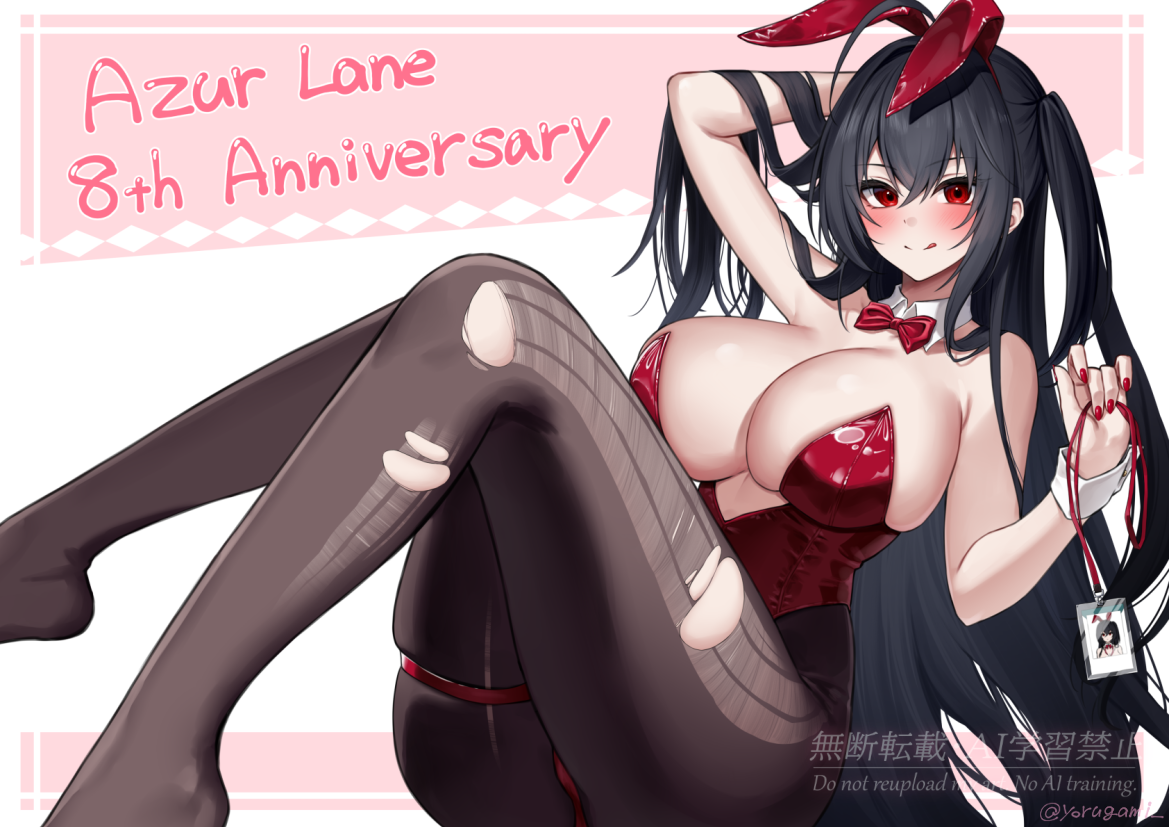 yorugami rei, taihou (azur lane), taihou (fun on the baize) (azur lane), azur lane, commentary request, 1girl, :q, animal ear hairband, animal ears, anniversary, arm behind head, arm up, black hair, black pantyhose, blush, bow, bowtie, breasts, cleavage, fake animal ears, fingernails, from side, hairband, huge breasts, id card, leotard, long hair, looking at viewer, nail polish, no shoes, pantyhose, playboy bunny, red bow, red bowtie, red eyes, red leotard, red nails, solo, strapless, strapless leotard, thigh strap, tongue, tongue out, torn clothes, torn pantyhose, white wrist cuffs, wrist cuffs