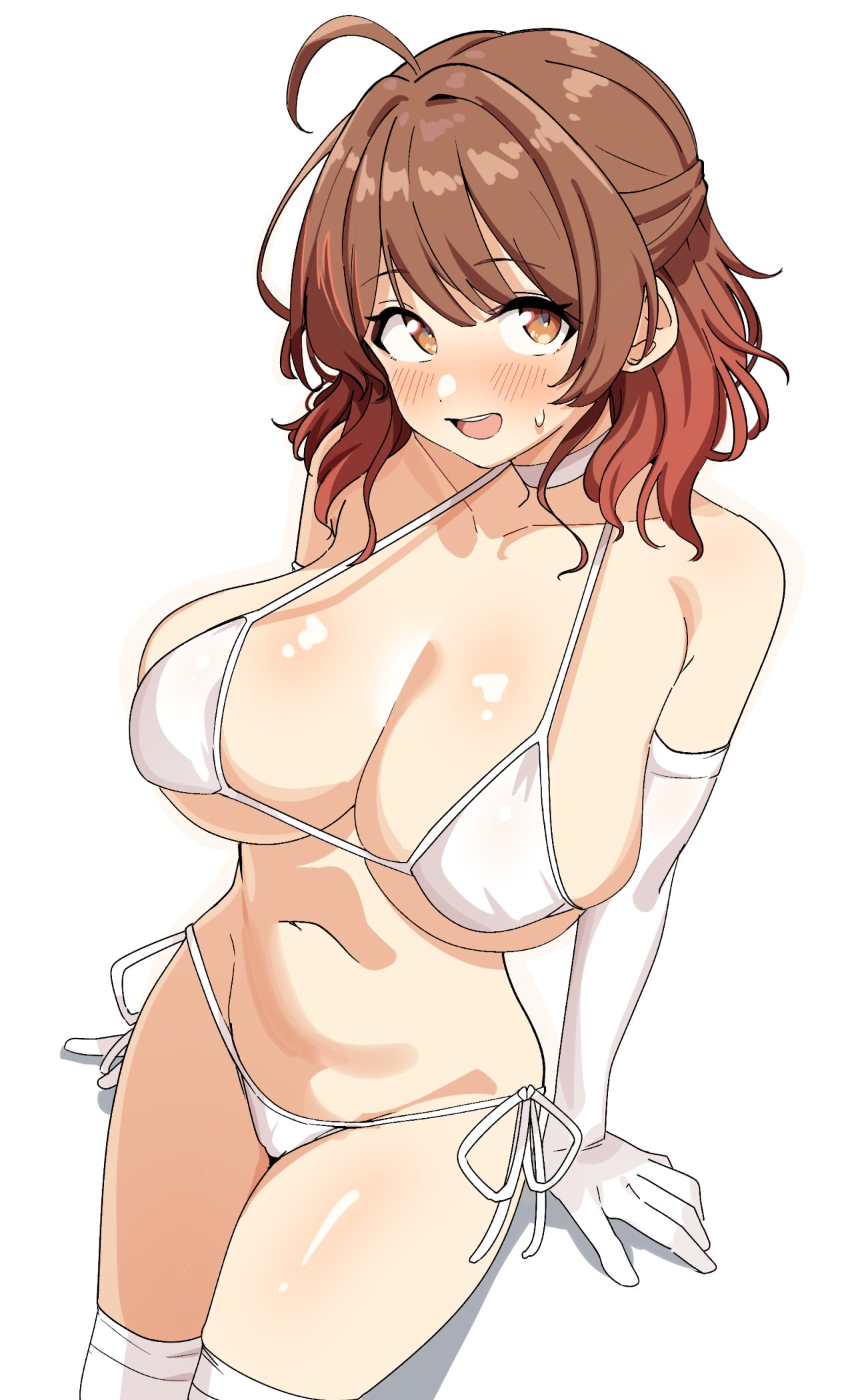 seihekiog, hanami ume, gakuen idolmaster, idolmaster, highres, 1girl, bare shoulders, bikini, blush, breasts, brown eyes, brown hair, choker, cleavage, collarbone, elbow gloves, gloves, large breasts, looking at viewer, navel, open mouth, short hair, side-tie bikini bottom, skindentation, smile, solo, swimsuit, thighhighs, thighs, white background, white bikini, white choker, white gloves, white thighhighs